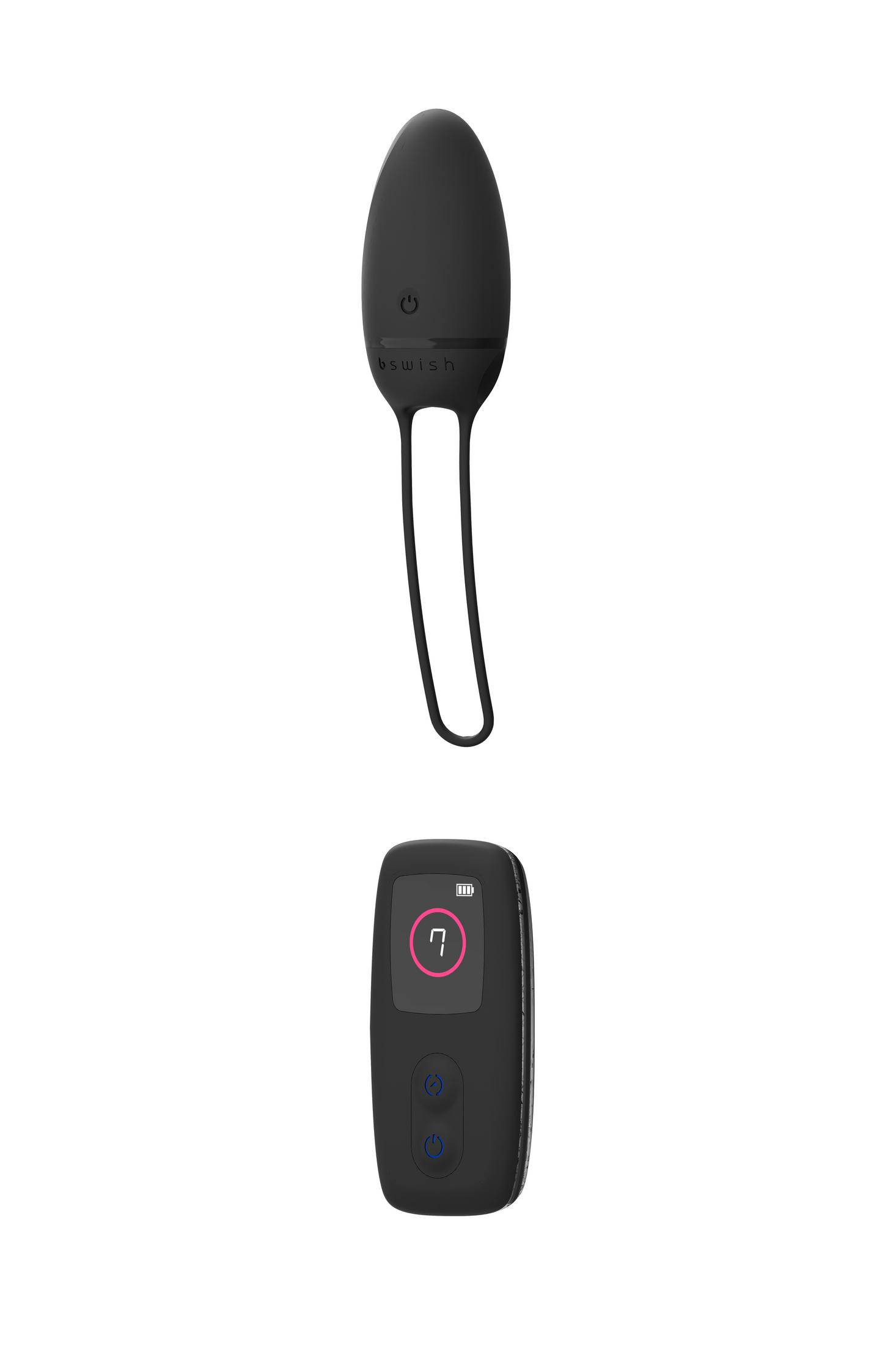 Schwarzer Vibrator mit Fernbedienung und Ladeanzeige.