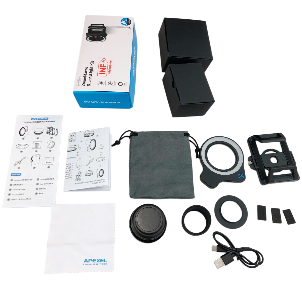 Ein Kit mit einer Ringlicht-Makrokamera, Anleitungen, Beutel und Kabeln.