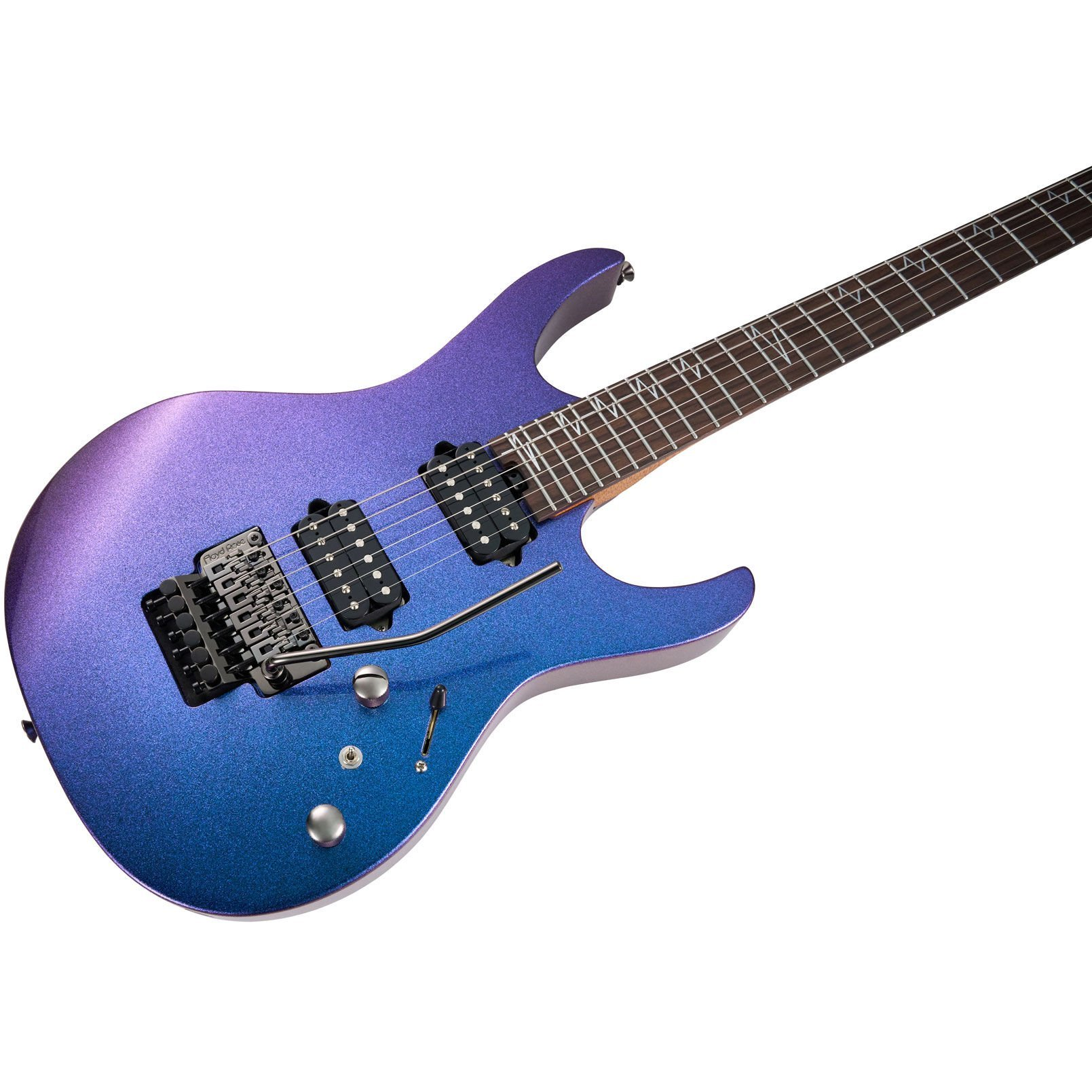 Een elektrische gitaar met paars-blauwe gradiëntafwerking, Floyd Rose tremolo en twee humbuckers.