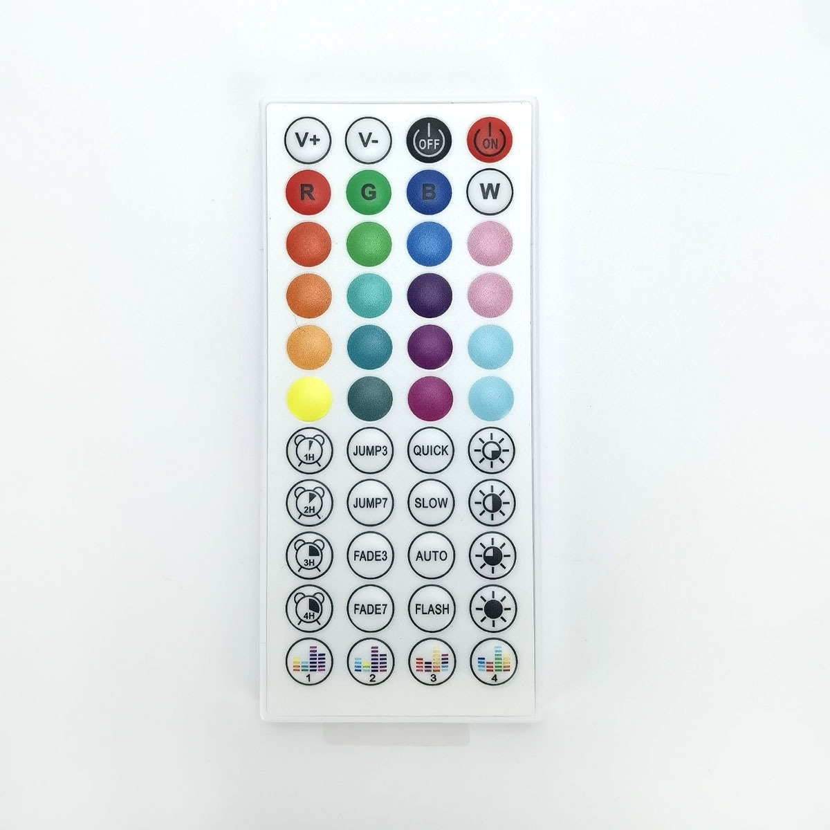 A white remote control with many colorful buttons for lights.