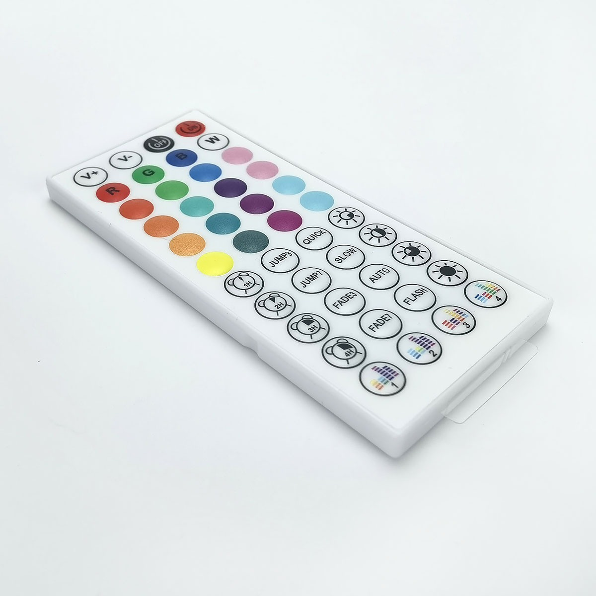 A white remote control with color and function buttons on a white background.