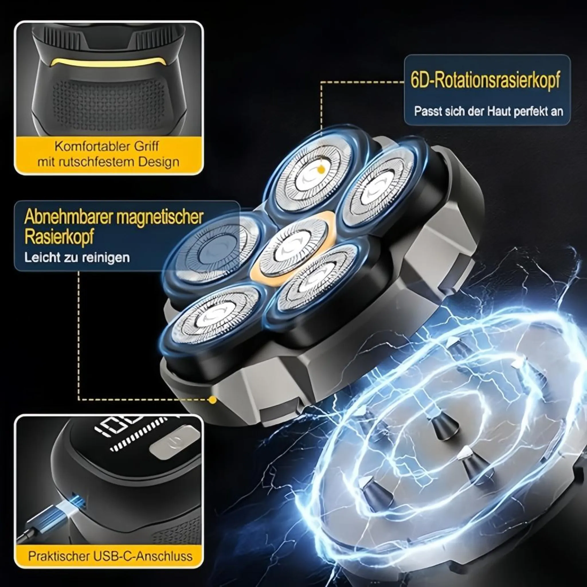 Elektrischer Rasierer mit 6D-Rotationskopf, abnehmbar, magnetisch, USB-C-Anschluss.