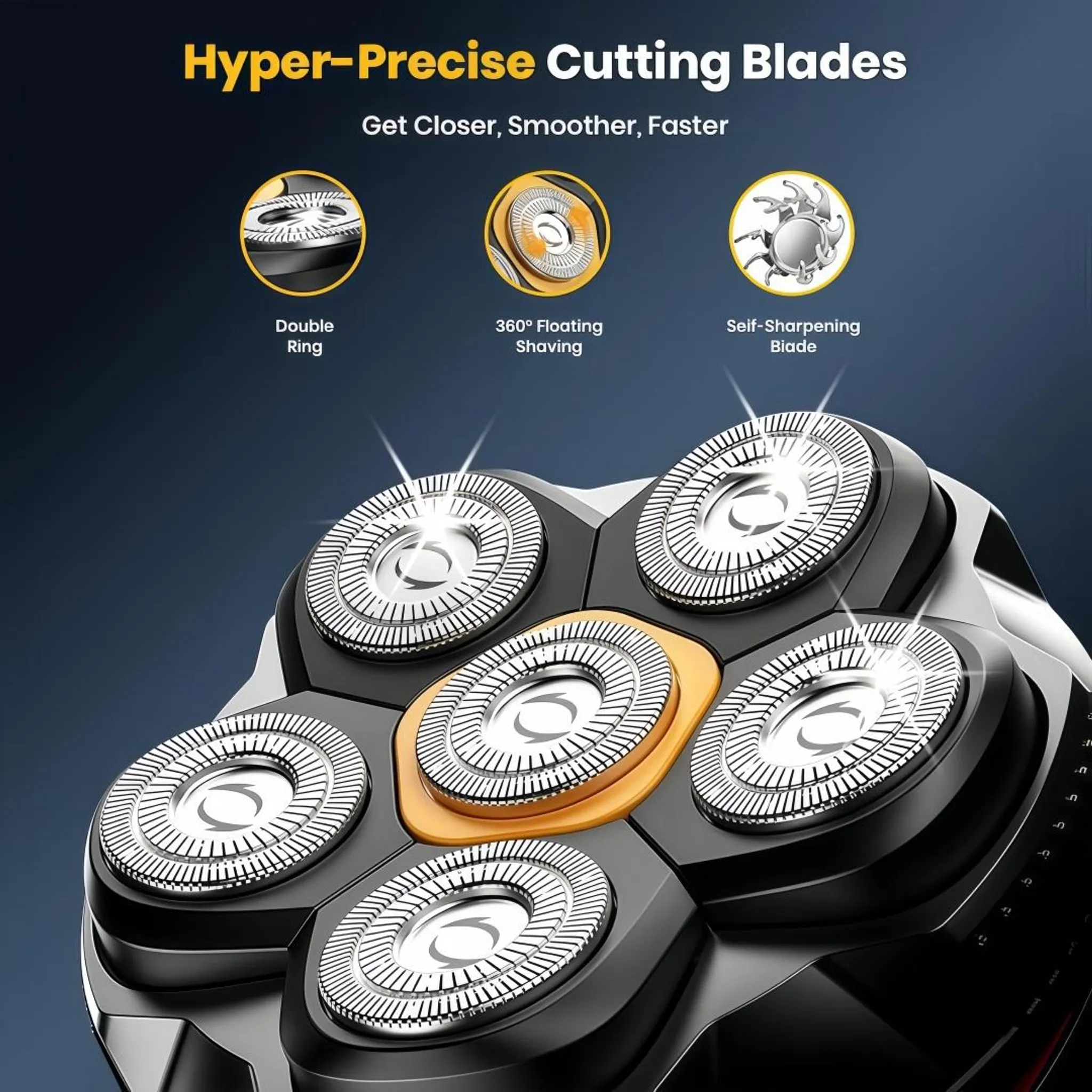 Nahaufnahme eines schwarzen Elektrorasierers mit sechs silbernen Rotationsköpfen. Enthält Text 'Hyper-Precise Cutting Blades'.