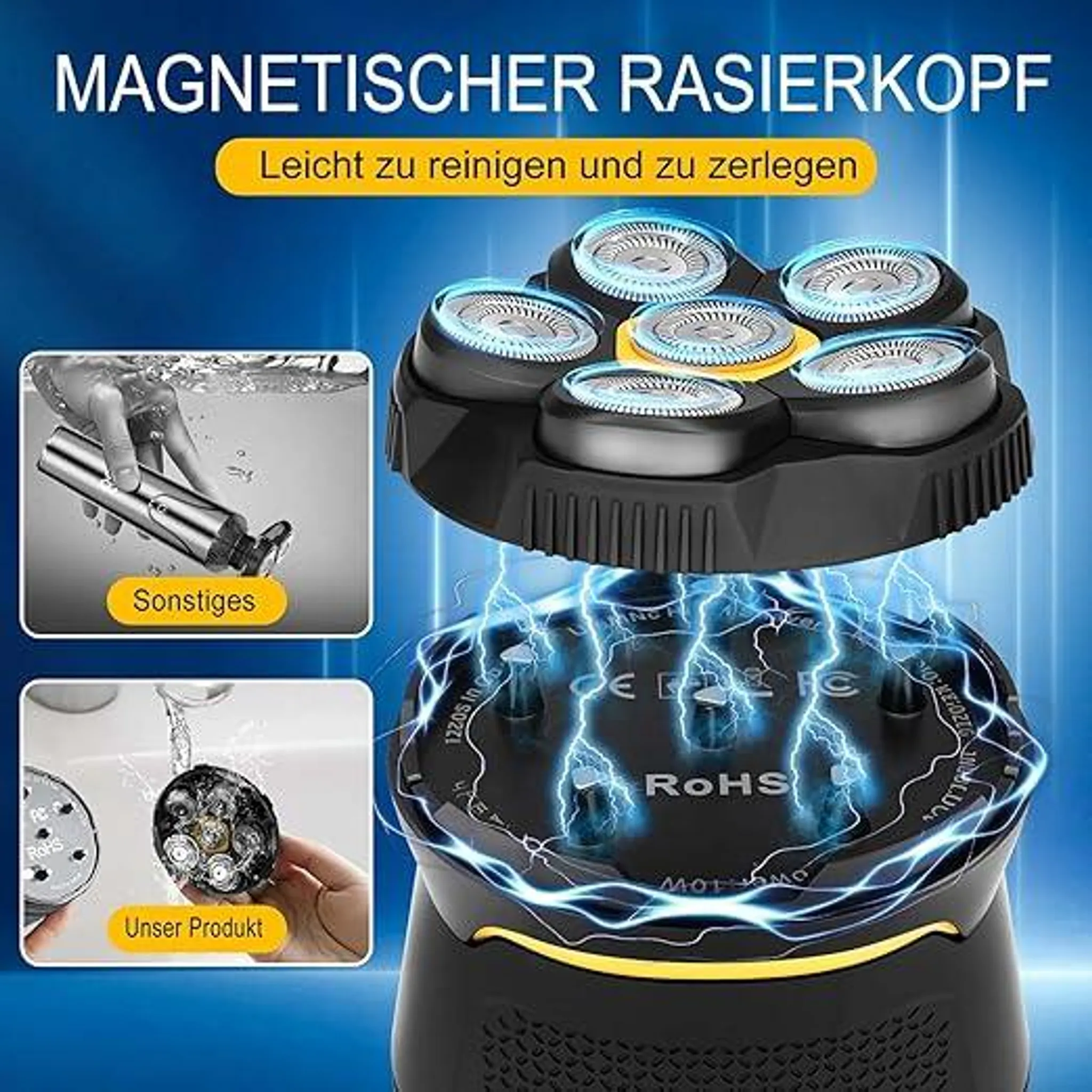 Magnetischer Rasierkopf mit blauen Lichtern und Blitz-Effekten. Reinigungs- und Zerlegehinweise.