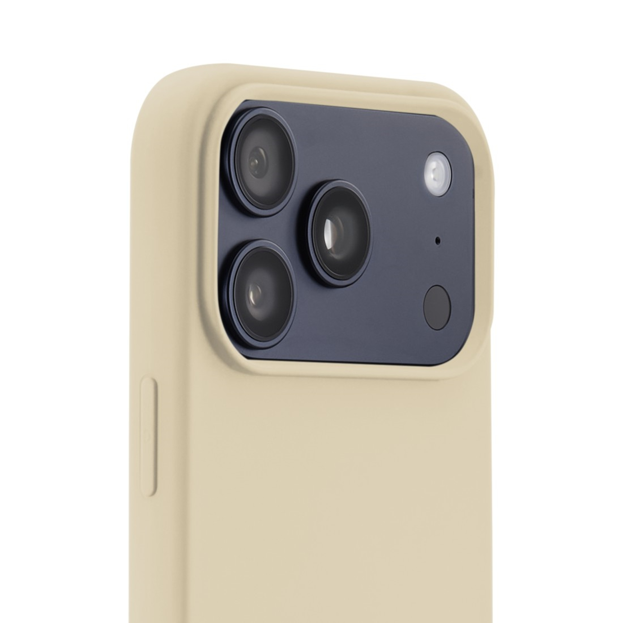 Nahaufnahme einer beige Hülle mit drei Kameralinsen und Blitz.