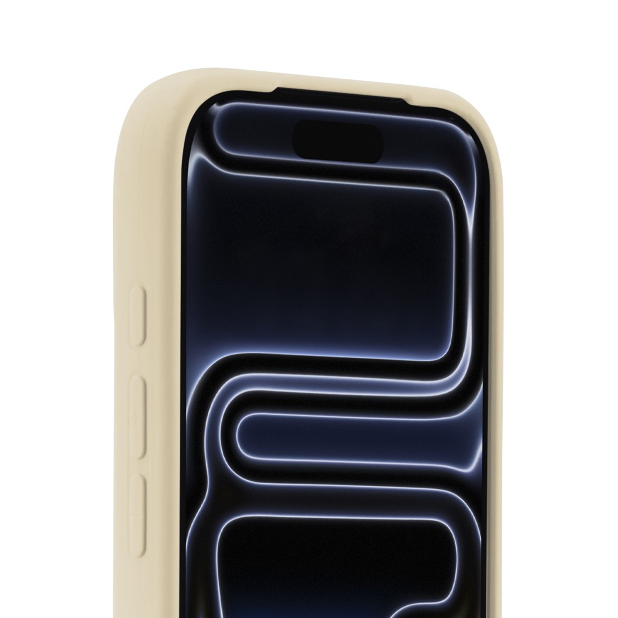 Ein hellgelbes iPhone-Gehäuse mit einem schwarzen Bildschirm, der ein blau leuchtendes Muster zeigt.