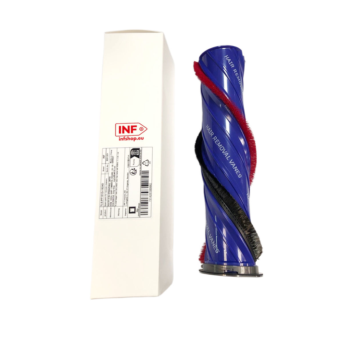 Niebieska rolka szczotkowa z czerwonym i czarnym włosiem obok białego pudełka z etykietą.