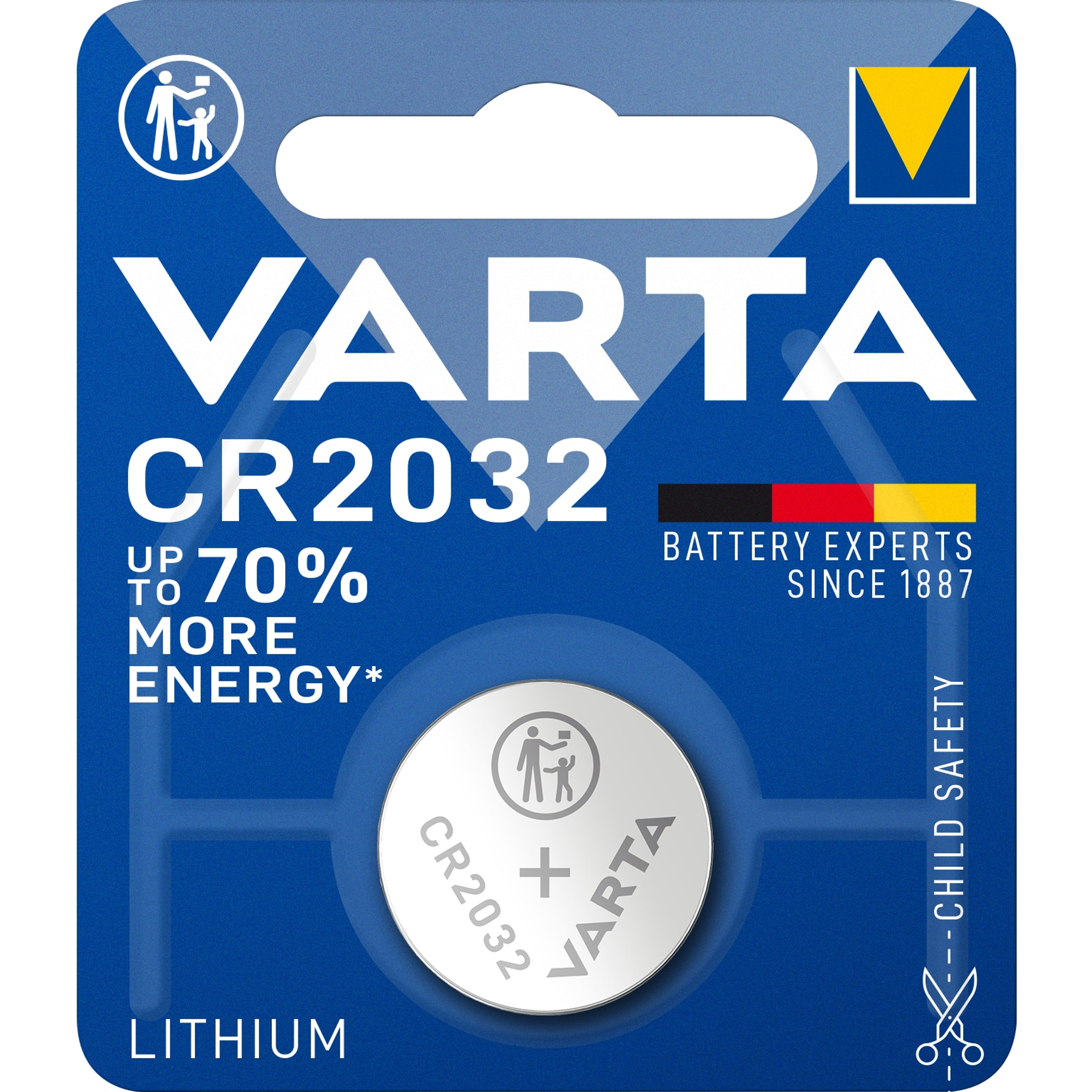 Varta CR2032 lithium batterij verpakking met kindveilige waarschuwing.
