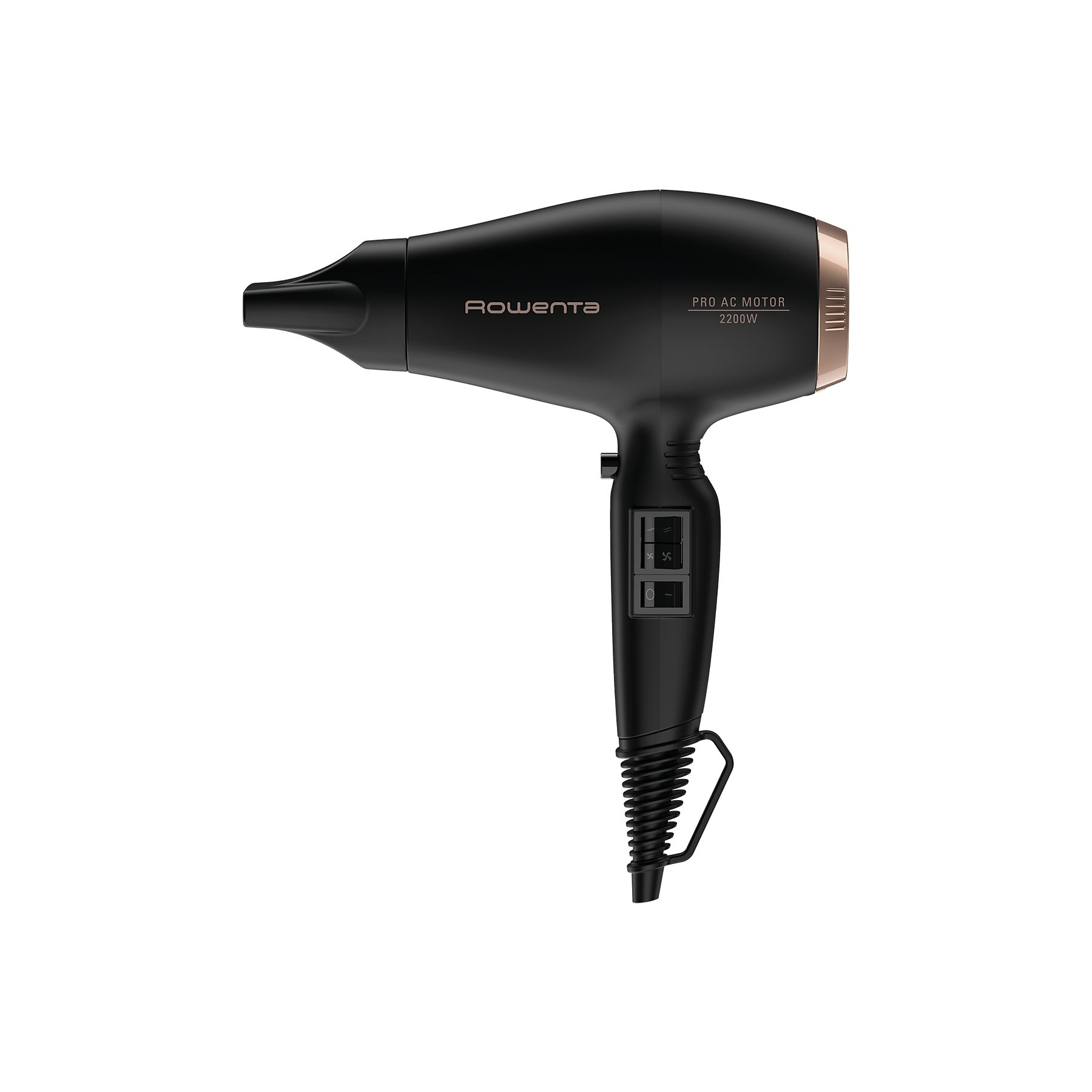 Czarna suszarka do włosów z akcentami w kolorze różowego złota i kontrolkami.
