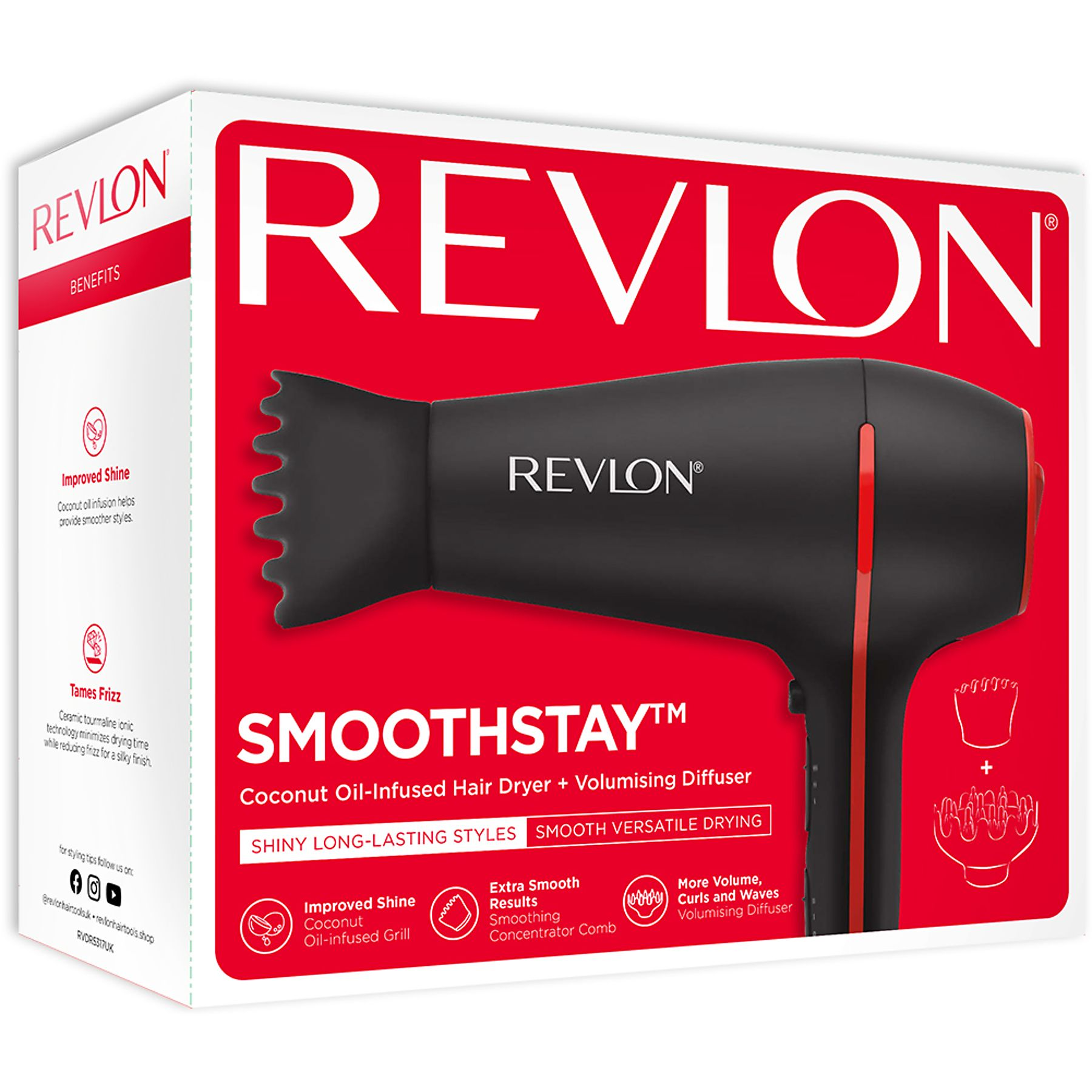 Pudełko suszarki Revlon Smoothstay z infuzją oleju kokosowego.