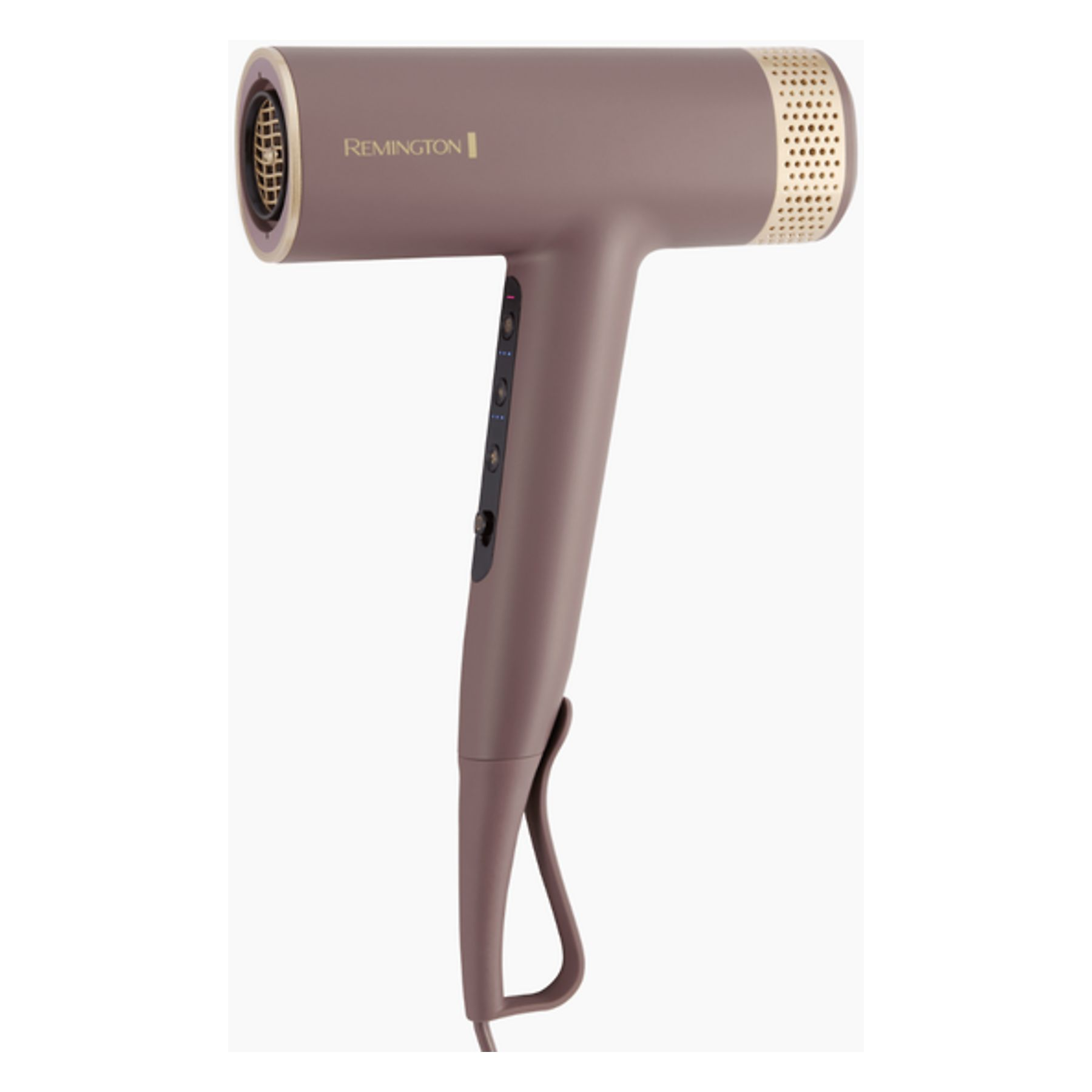Un asciugacapelli Remington color tortora con accenti e controlli dorati.