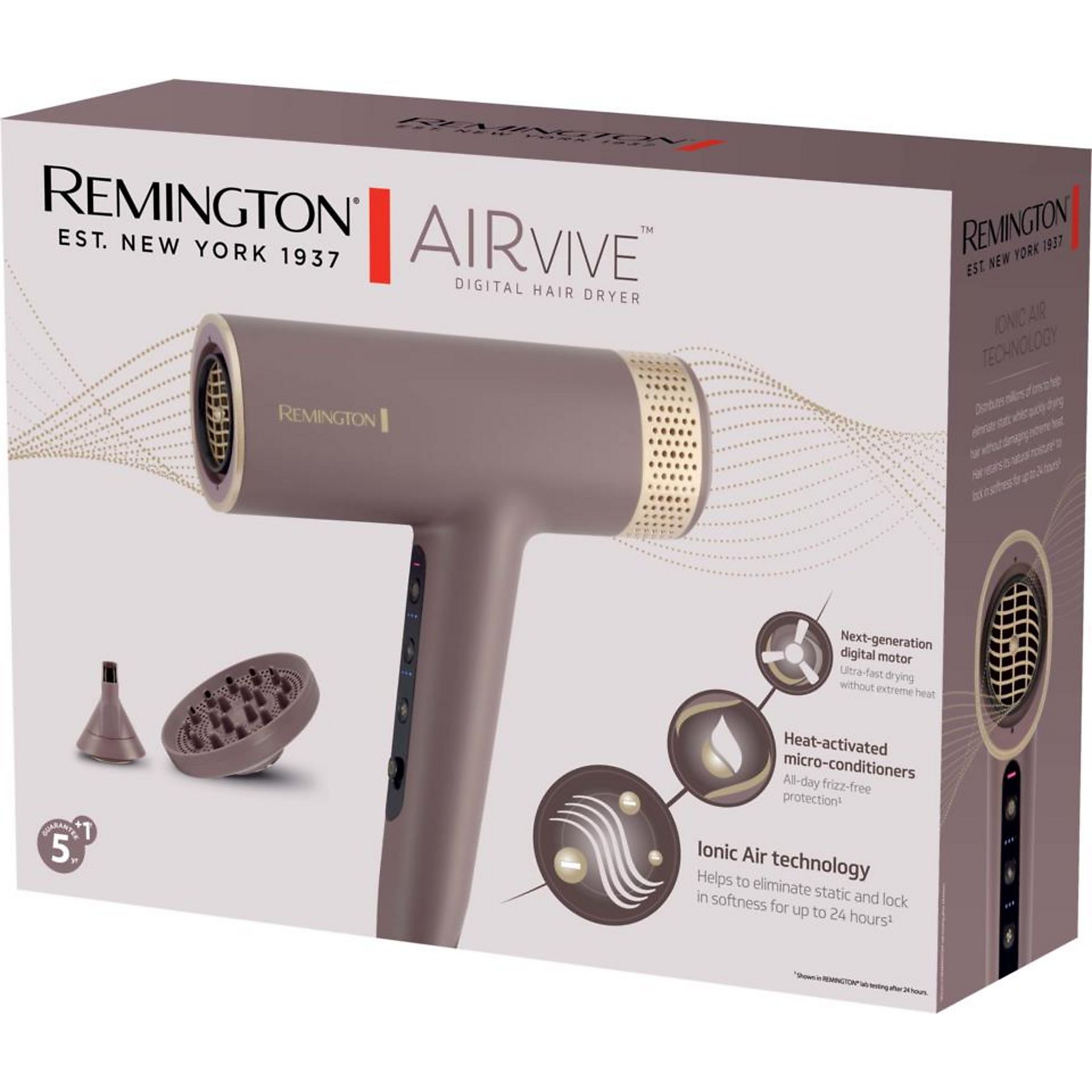 Confezione asciugacapelli Remington Airvive con asciugacapelli e accessori.