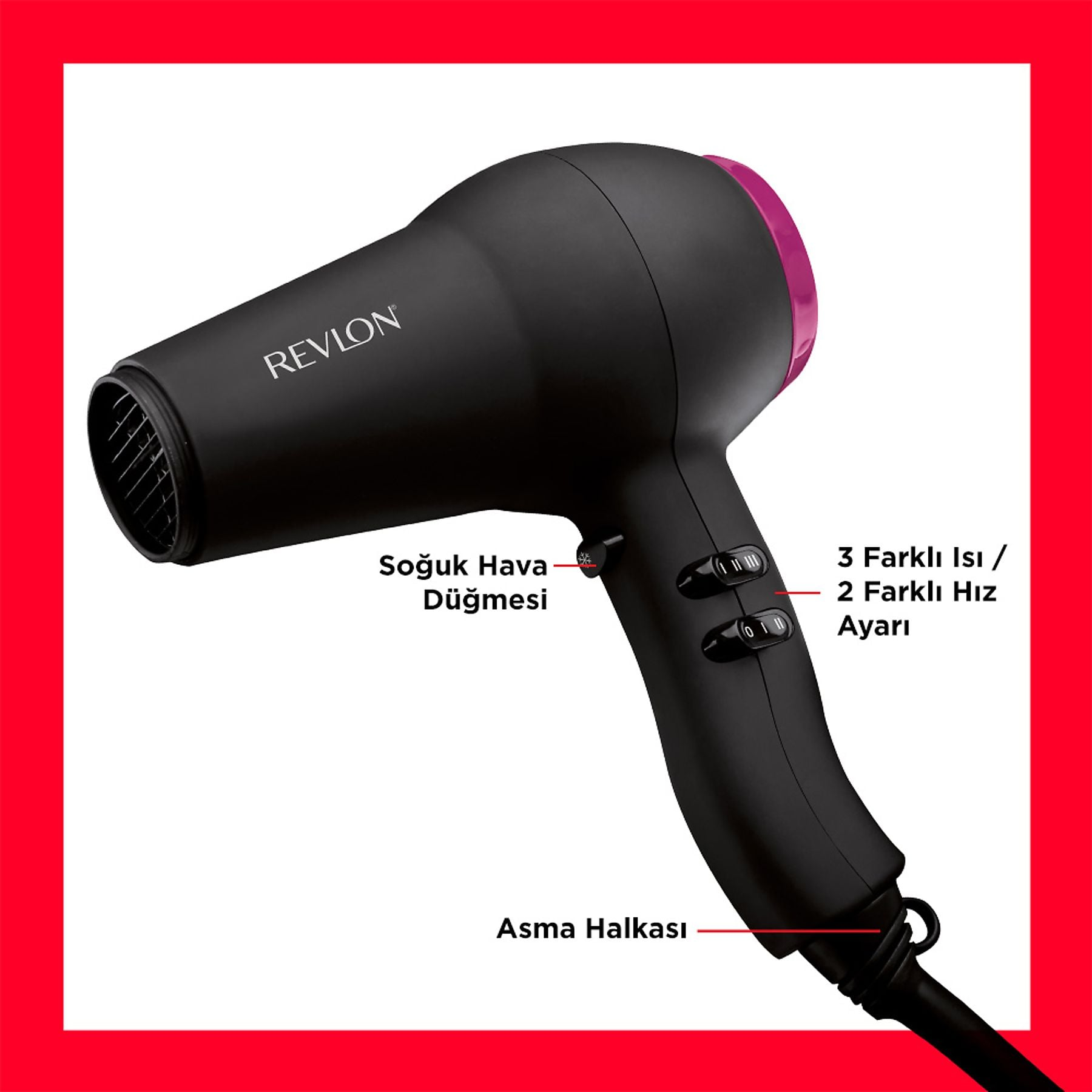 Zwarte Revlon haardroger met paars accent, knop koude lucht, snelheids-/warmte-instellingen.