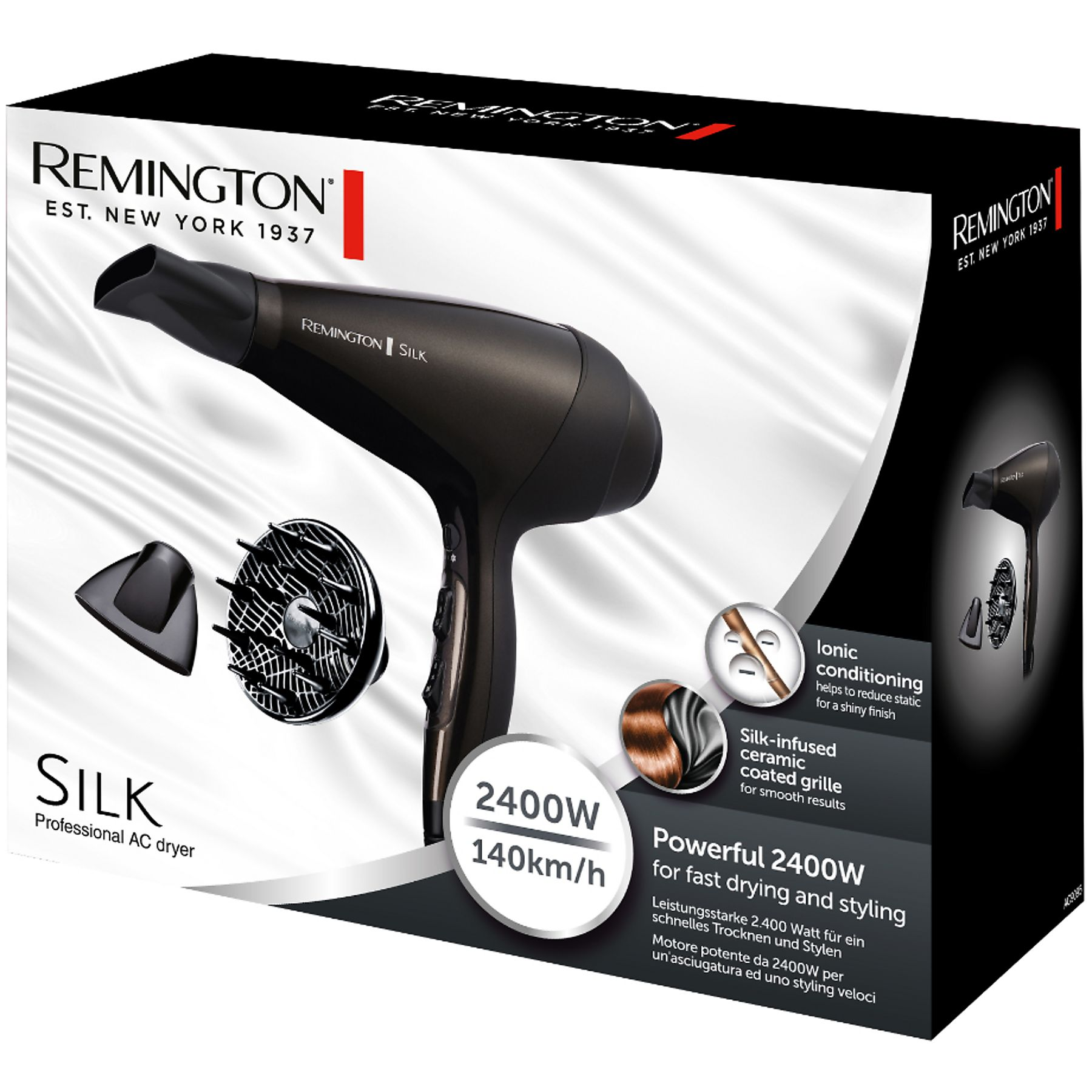 Remington saç kurutma makinesi kutusu, kurutucu, difüzör ve daraltıcı başlık gösteriyor.