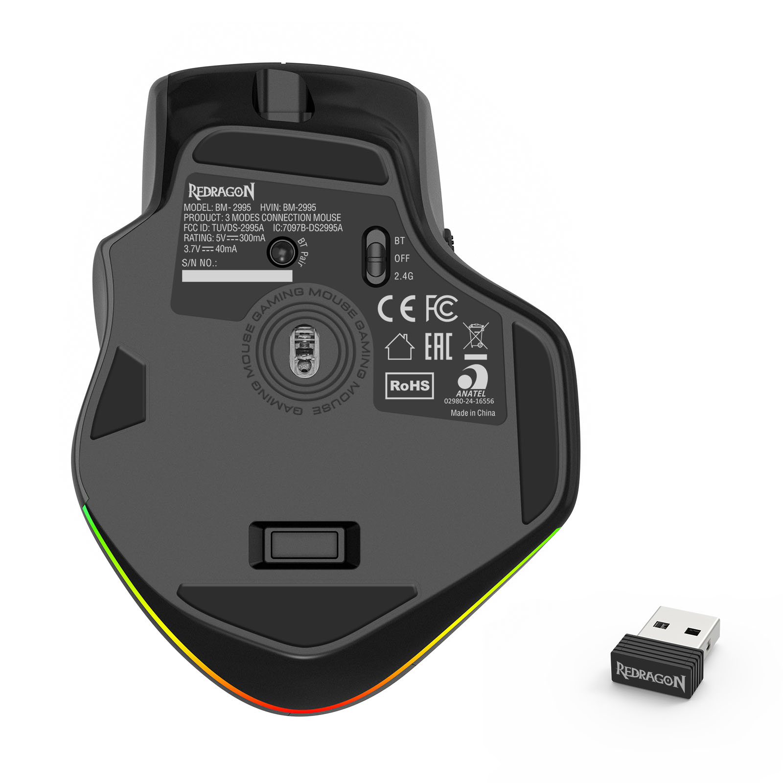 Siyah Redragon fare, USB dongle, alt kısımda RGB aydınlatma ve teknik detaylar bulunur.