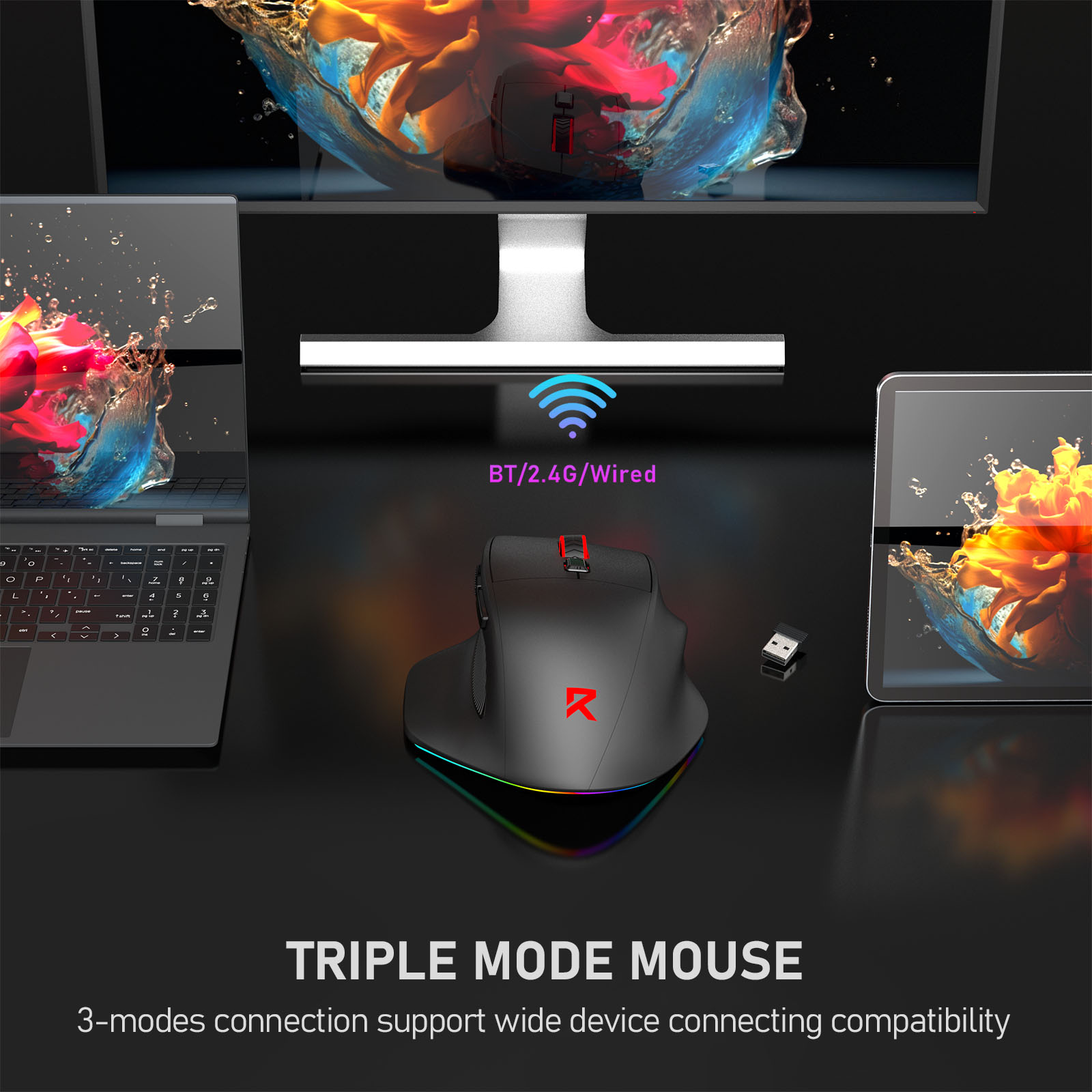Laptop ve tablet yanında siyah RGB fare. BT/2.4G/Kablolu bağlantı.