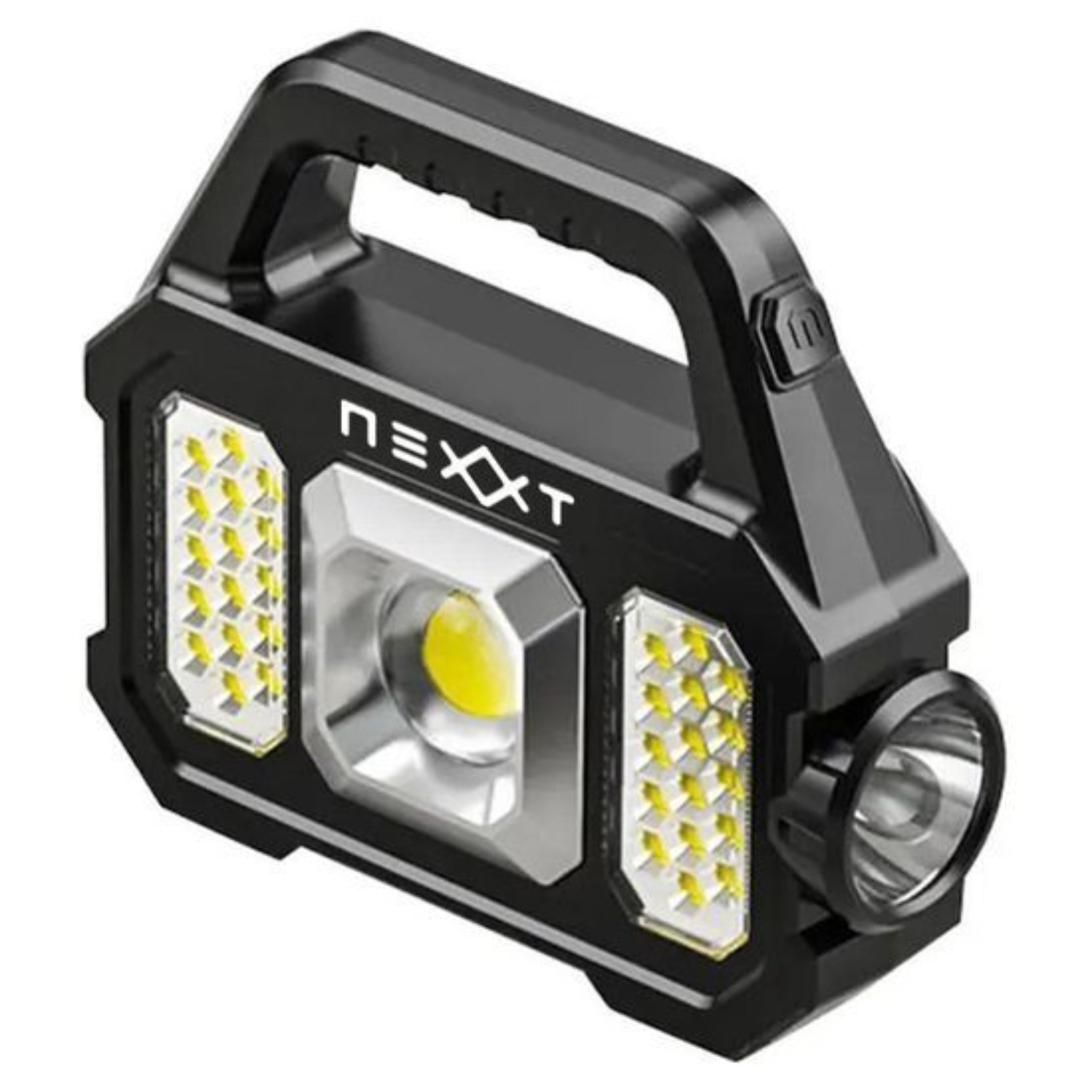 Een zwarte, draagbare werklamp met handvat en meerdere LED's.