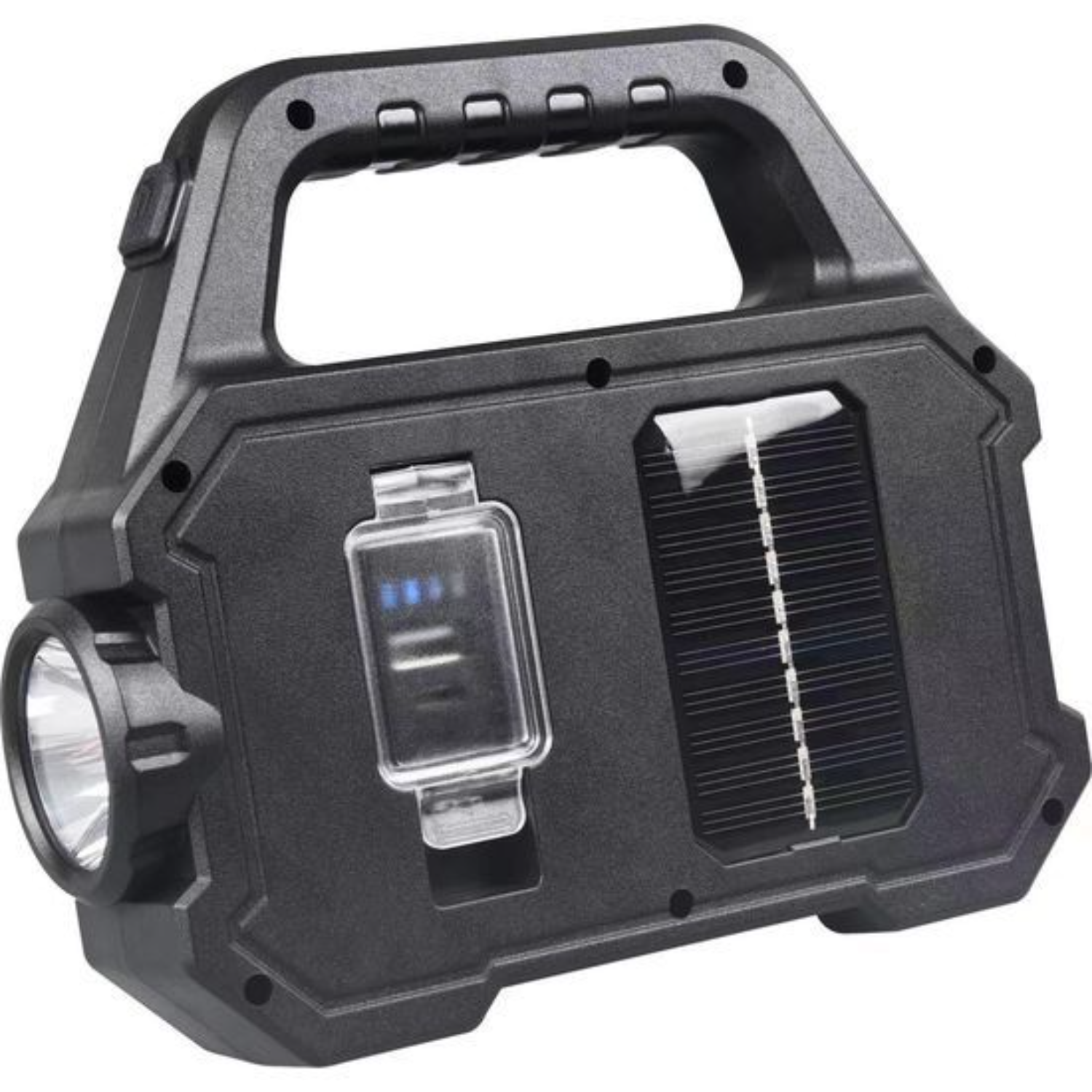 Zwarte draagbare kist met handvat, zaklamp, zonnepaneel en laadindicator.