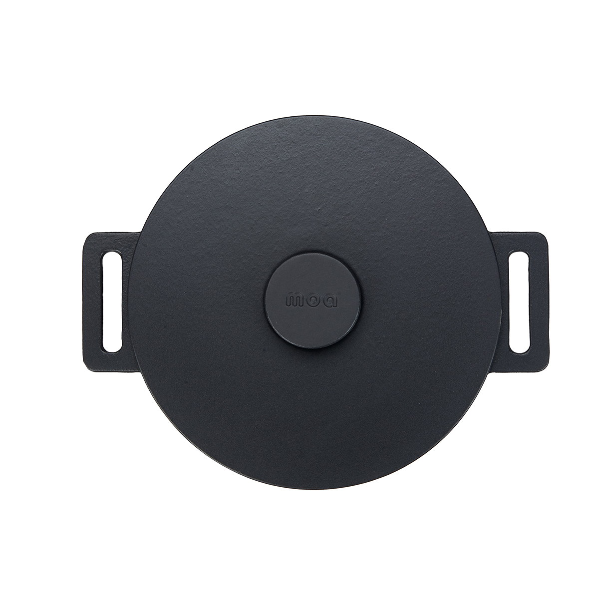 Black pot lid with handles and a central logo.