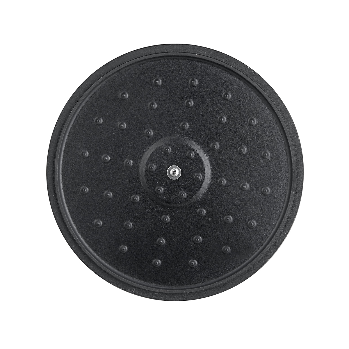 Black cast iron lid with a nub pattern and a central screw hole for the handle.