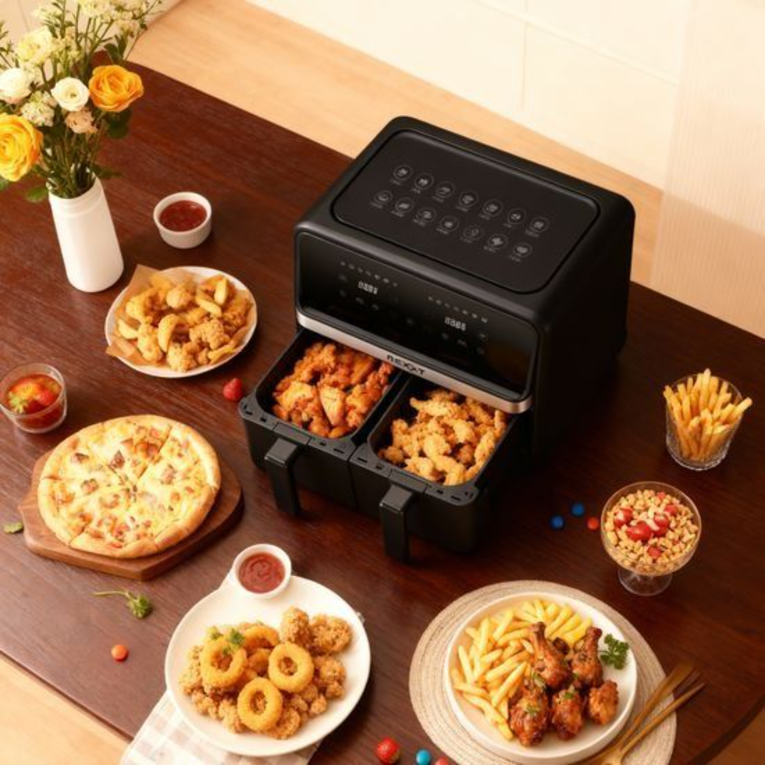 Een zwarte heteluchtfriteuse met dubbele mand, met eten, pizza en bloemen op houten tafel.