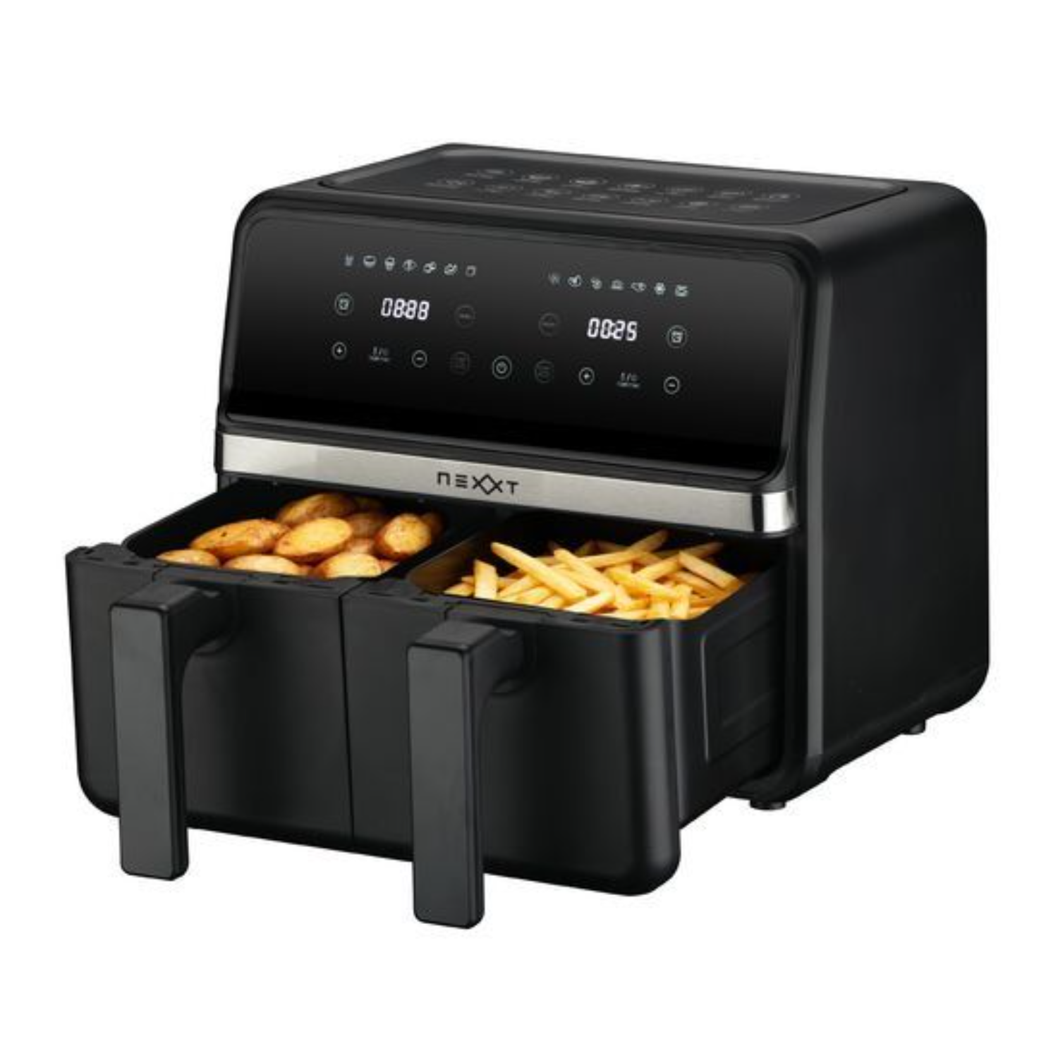 Zwarte airfryer met twee lades, gevuld met aardappelen en friet.