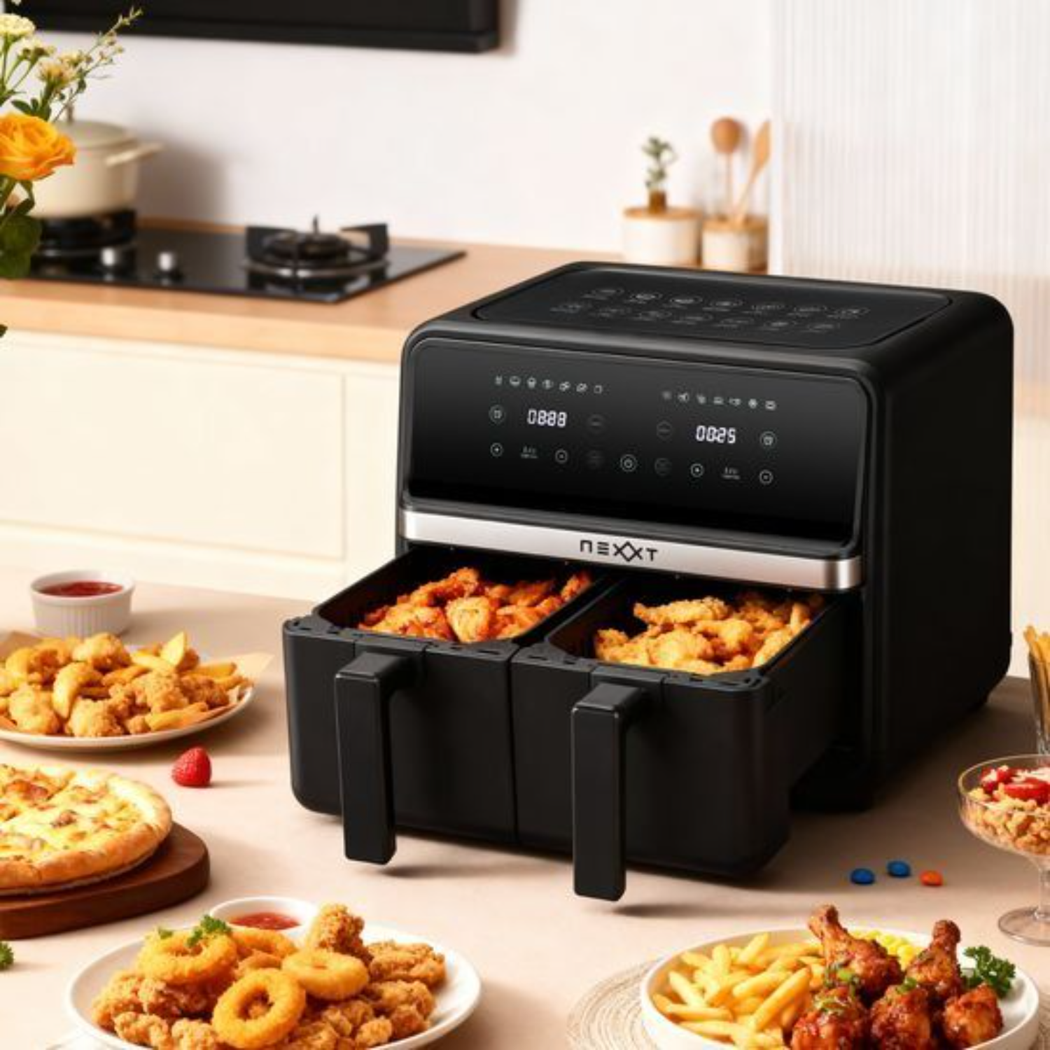 Een zwarte airfryer met dubbele mand, gevuld met eten, omringd door pizza, friet en uienringen.