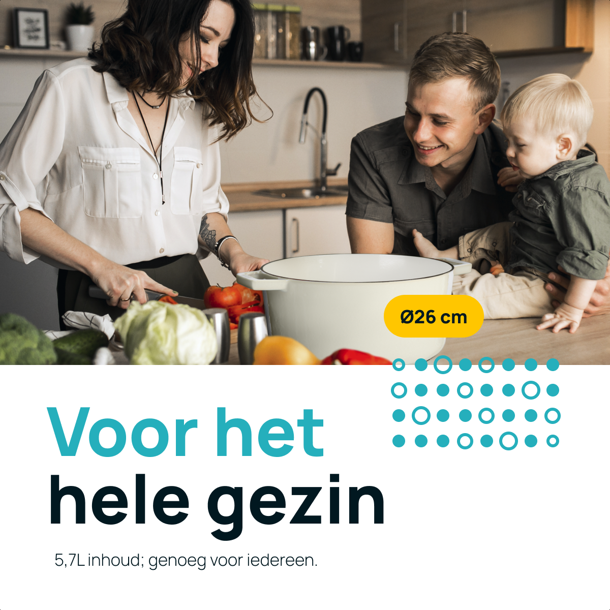 Family cooking together in kitchen, pot is 26 cm.