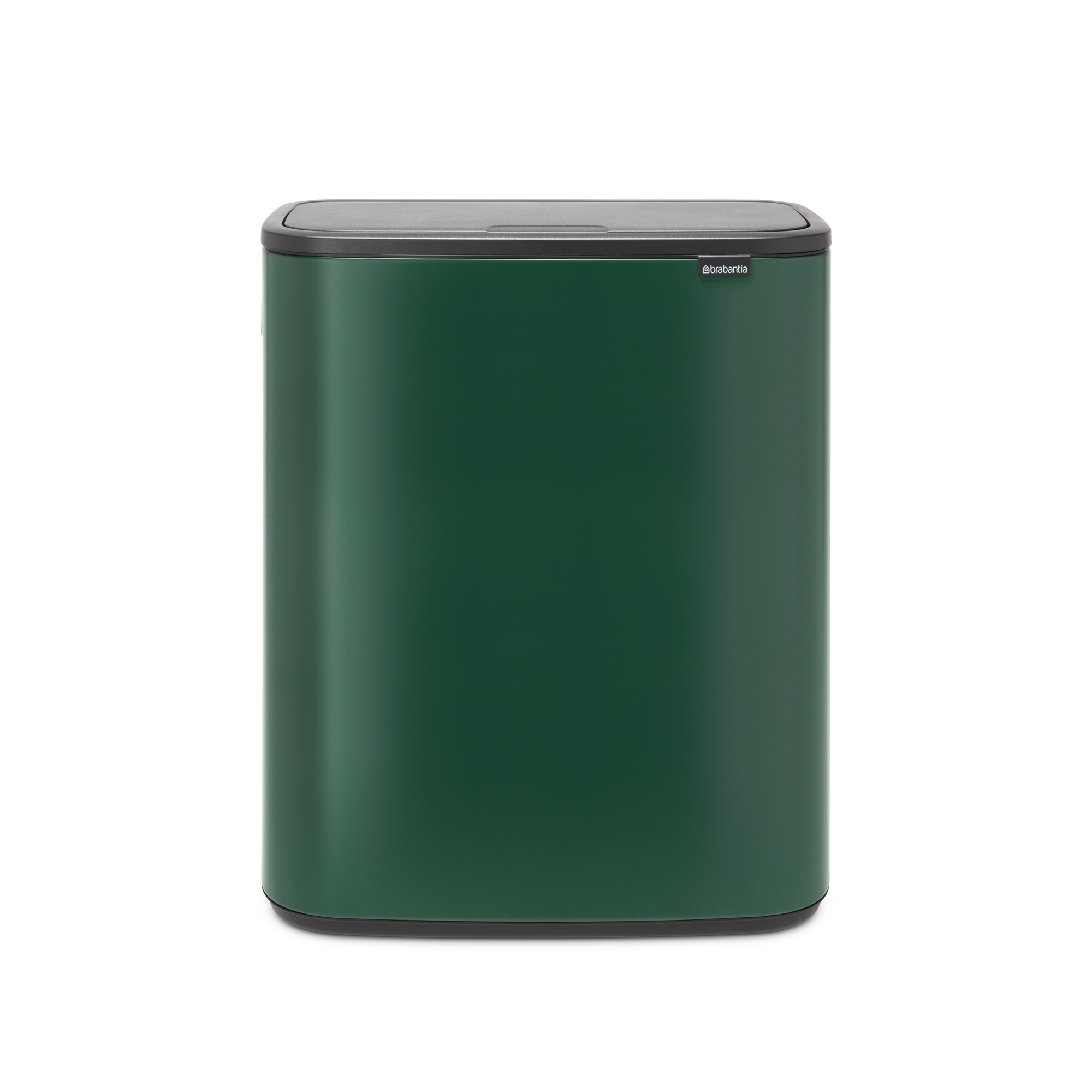 Donkergroene Brabantia prullenbak met zwart deksel en handvat.