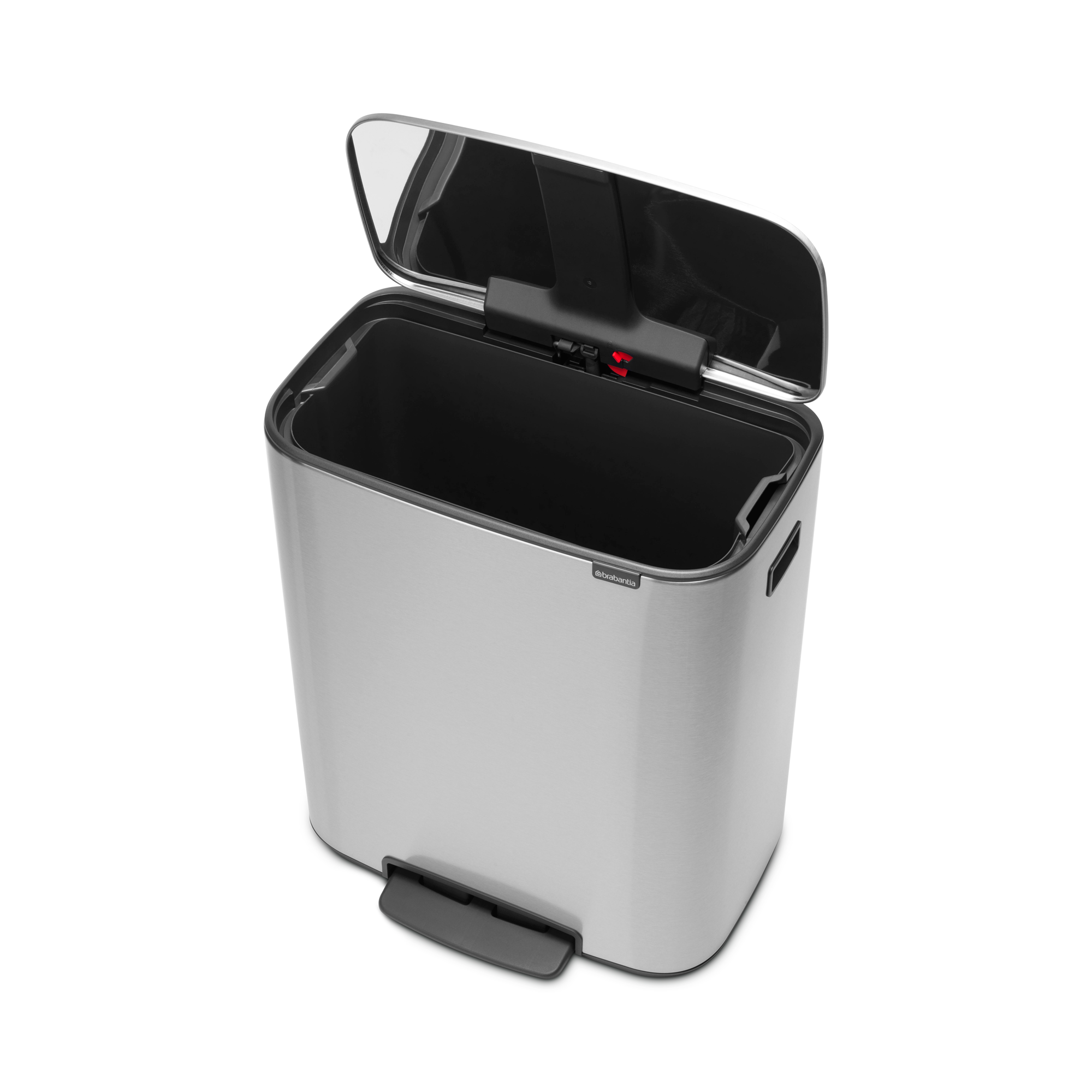 A silver step trash can with its lid open, revealing a black interior.