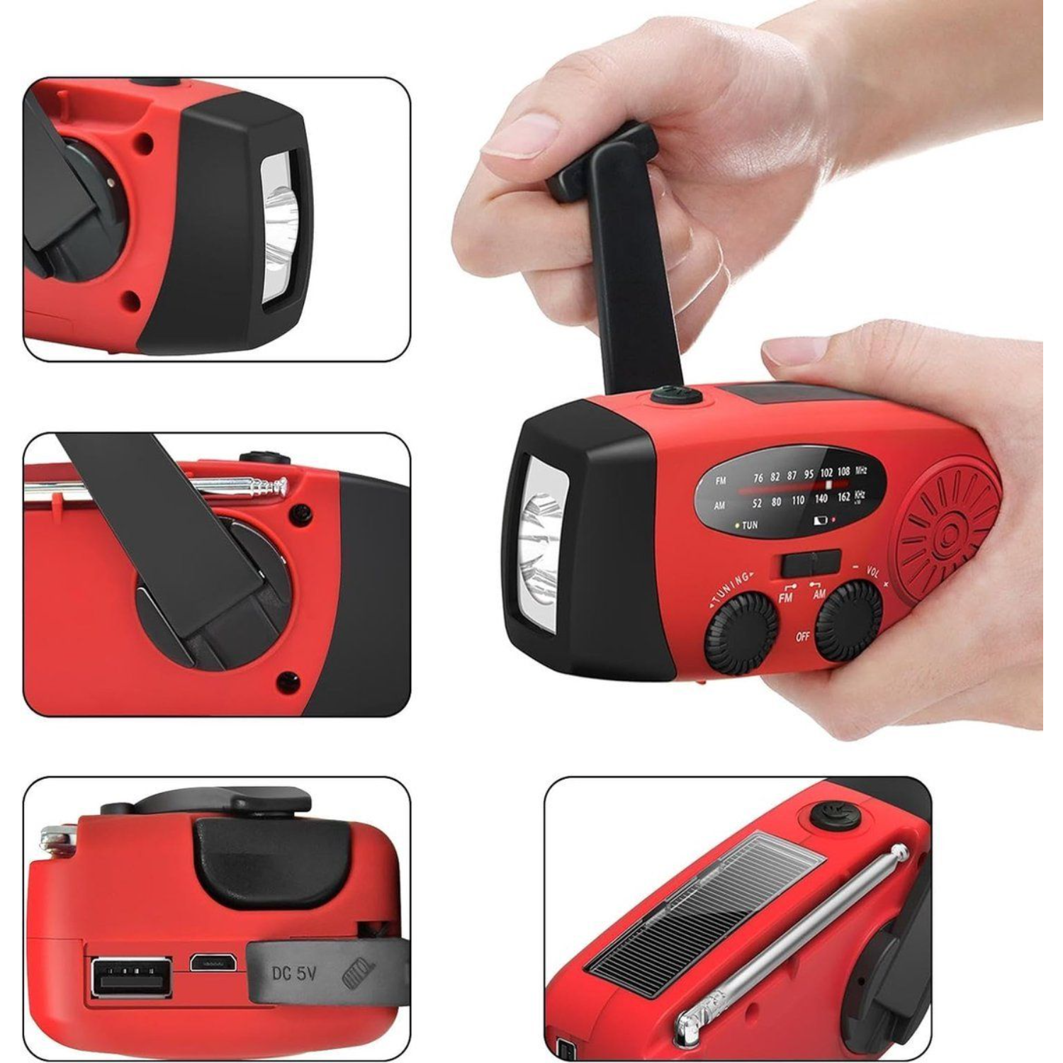 Een rode handzwengelradio met zonnepaneel, zaklamp, USB-poort en antenne.