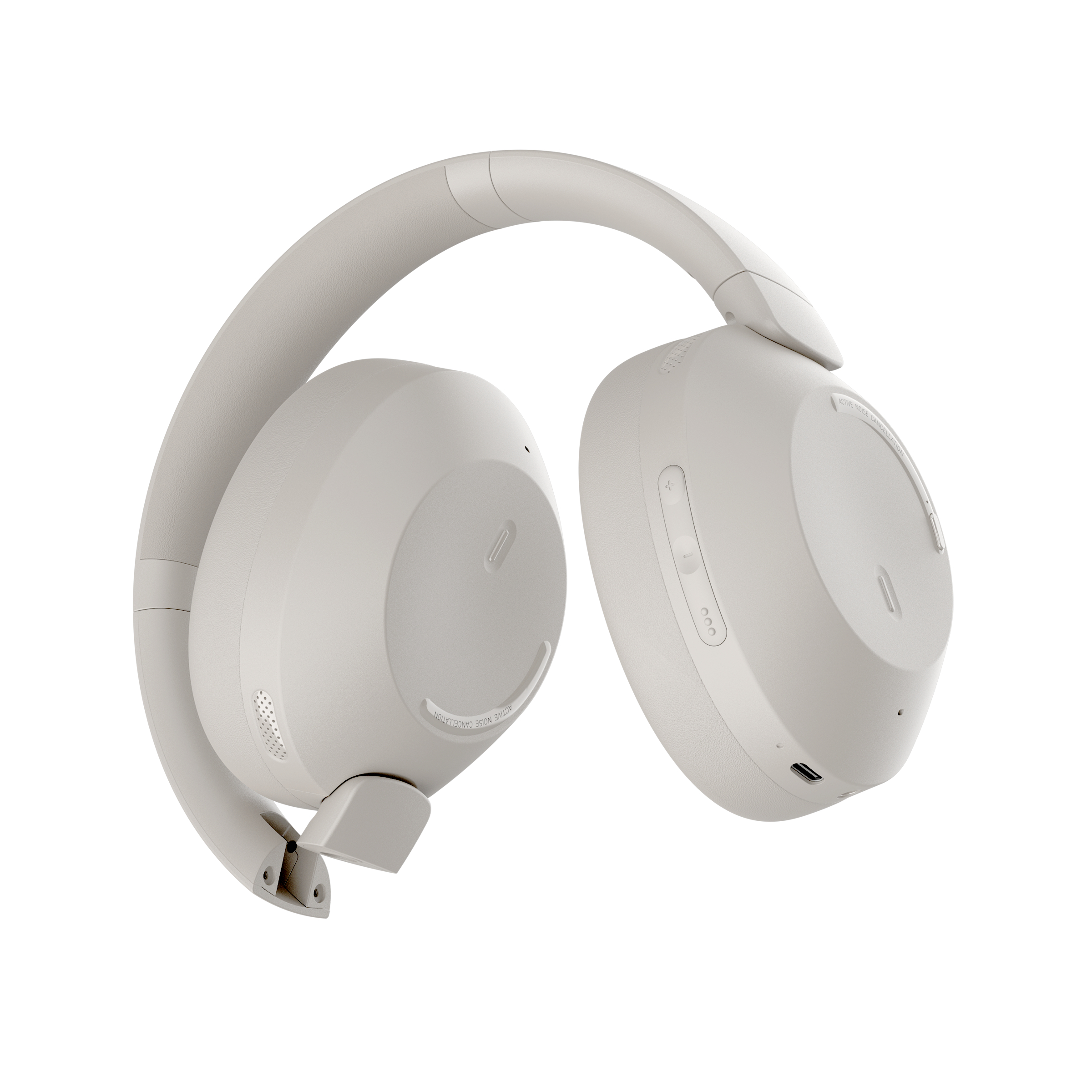 Ein Paar weiße Over-Ear-Kopfhörer mit Bügel und Ohrmuscheln, auf weißem Hintergrund.