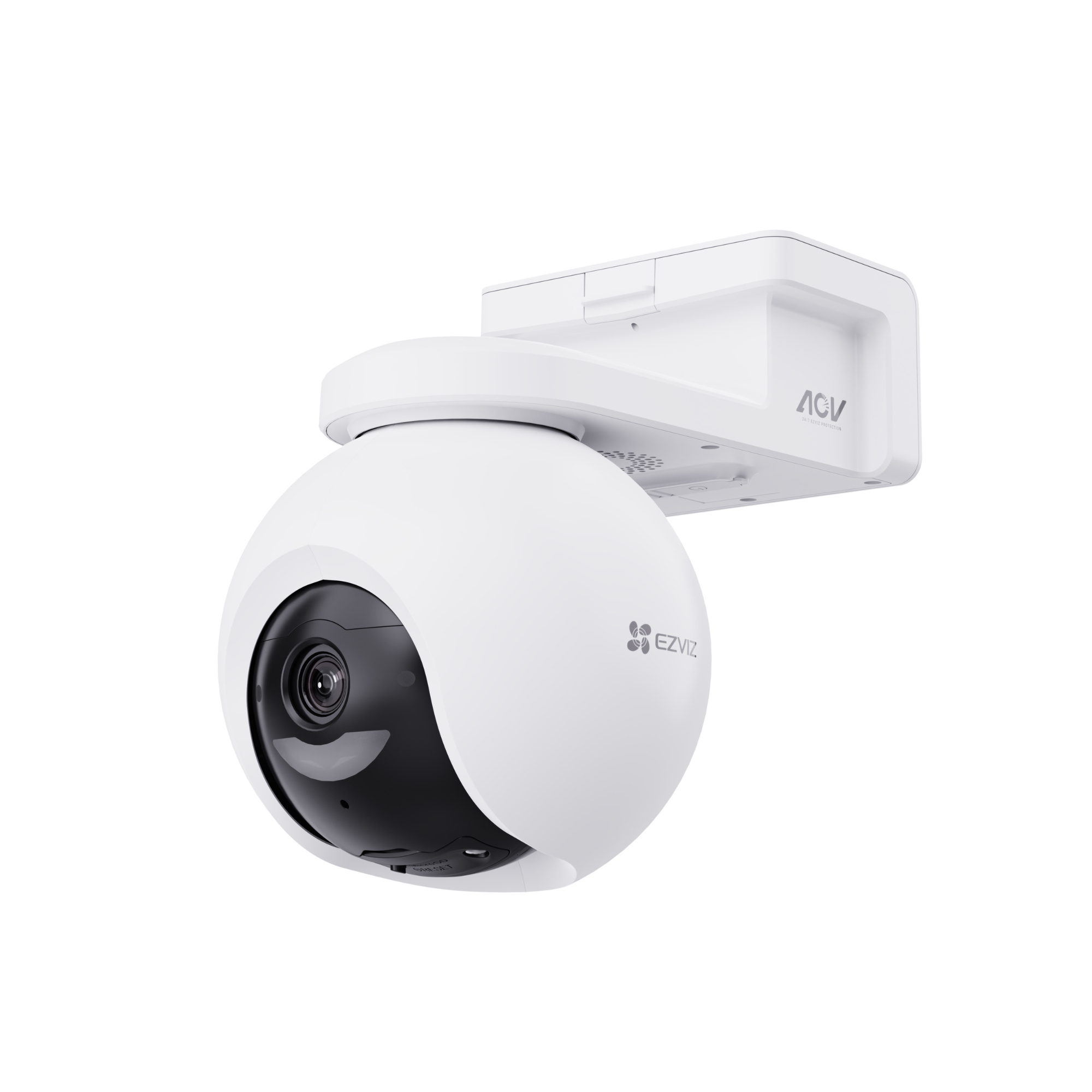 A white EZVIZ security camera with a black lens is mounted on a white bracket.