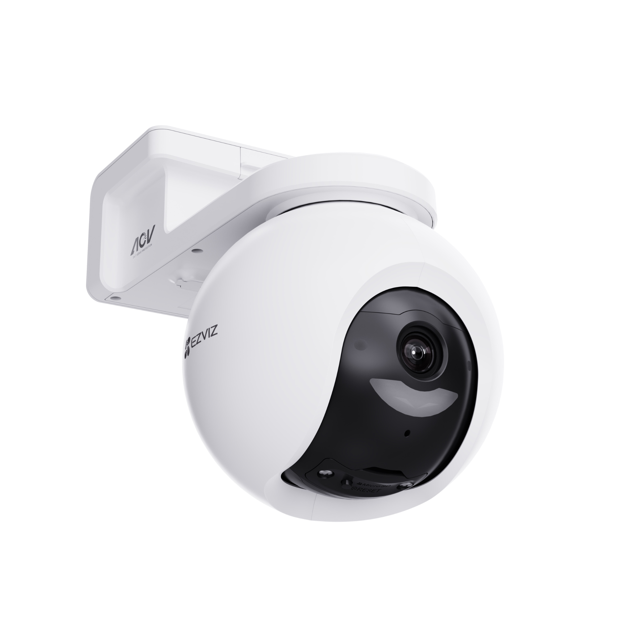 A white security camera with a black lens is mounted on a wall bracket.