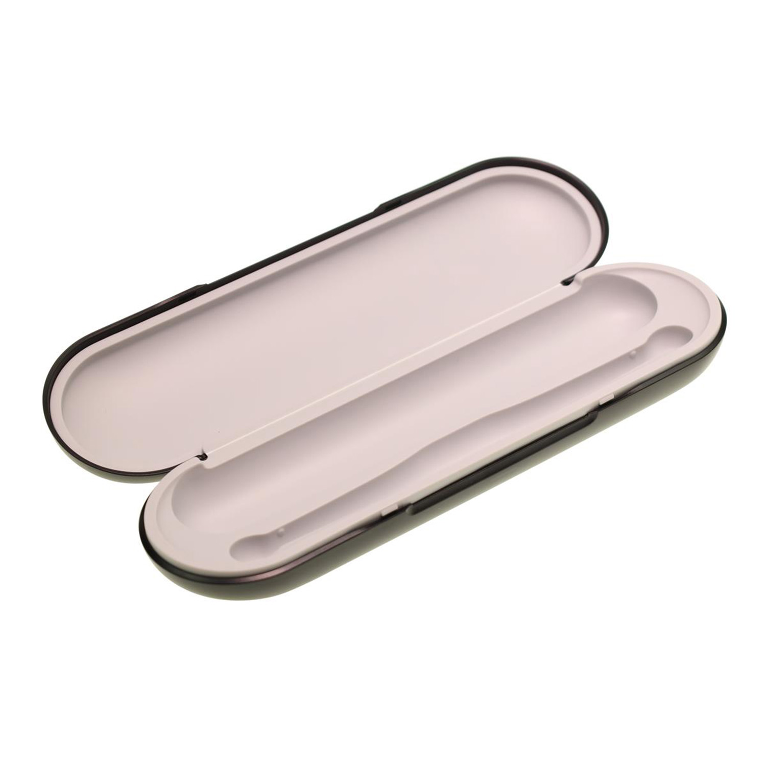 Ein offenes, rechteckiges schwarzes Etui mit weißem Innenleben für eine Zahnbürste.