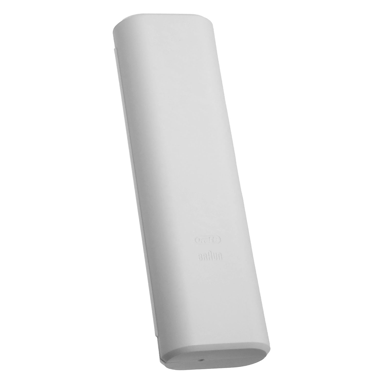 Ein weißer Zahnbürstenhalter mit den Logos von Oral-B und Braun.