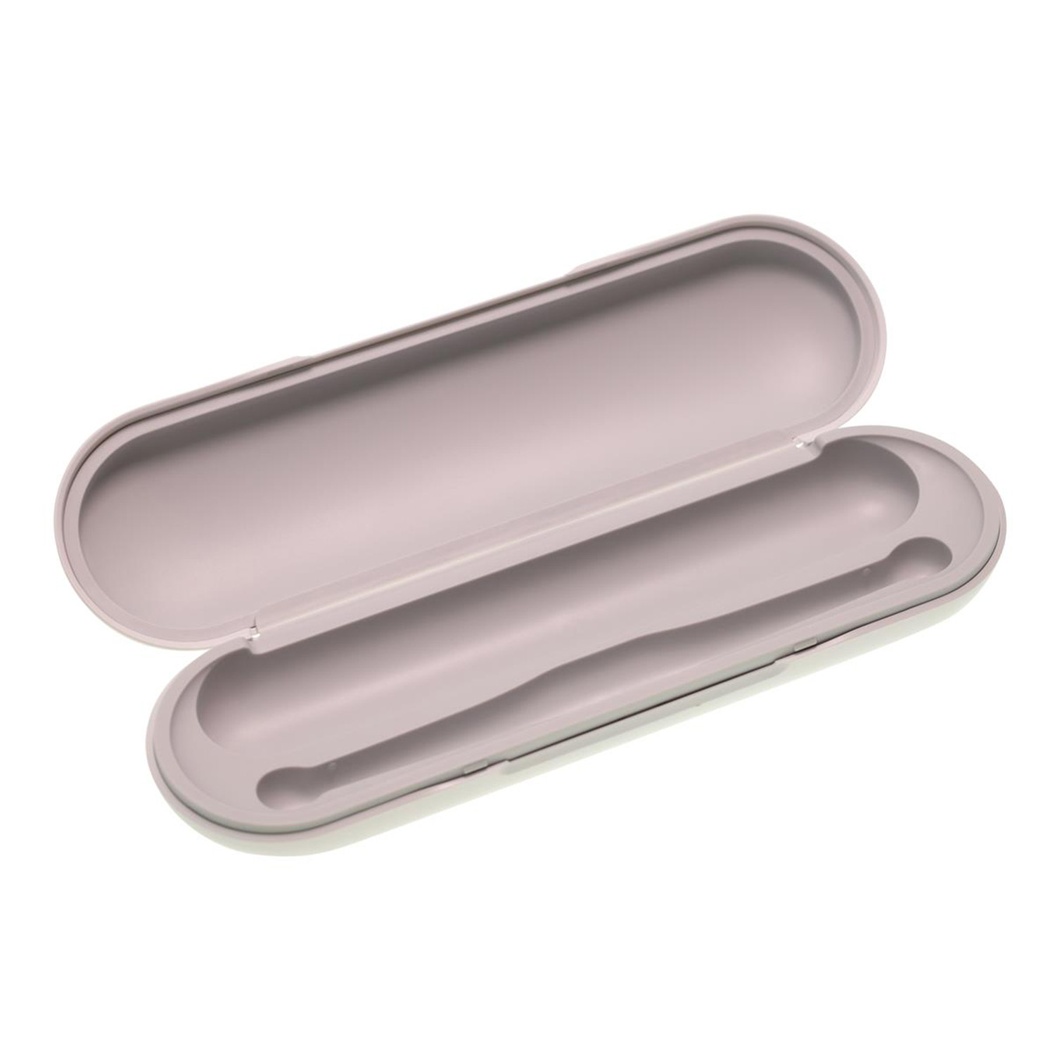 Ein offenes, rechteckiges Etui aus hellrosa Kunststoff auf weißem Hintergrund.