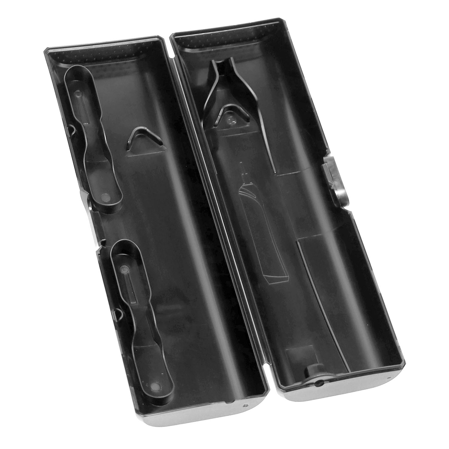 Ein offenes, schwarzes Plastik-Etui mit Halterungen für Gegenstände im Inneren.