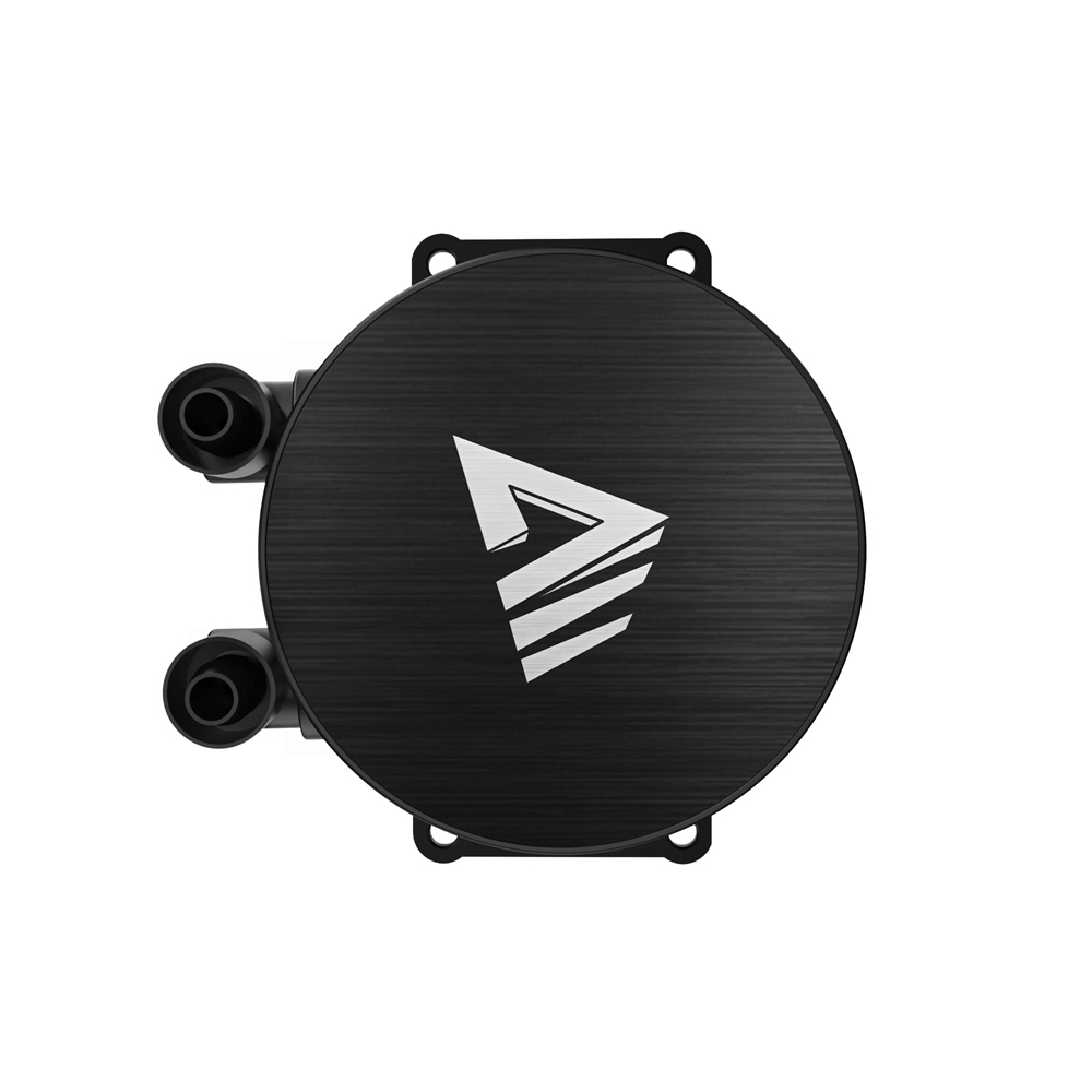 Czarny wentylator z srebrnym logo i dwoma portami.