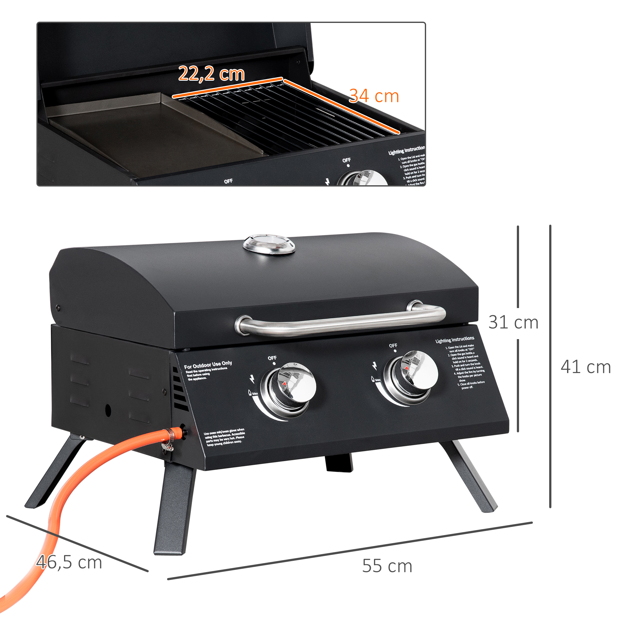 Parrilla de gas negra con dos quemadores, medidas 55x31x41 cm, con manguera.