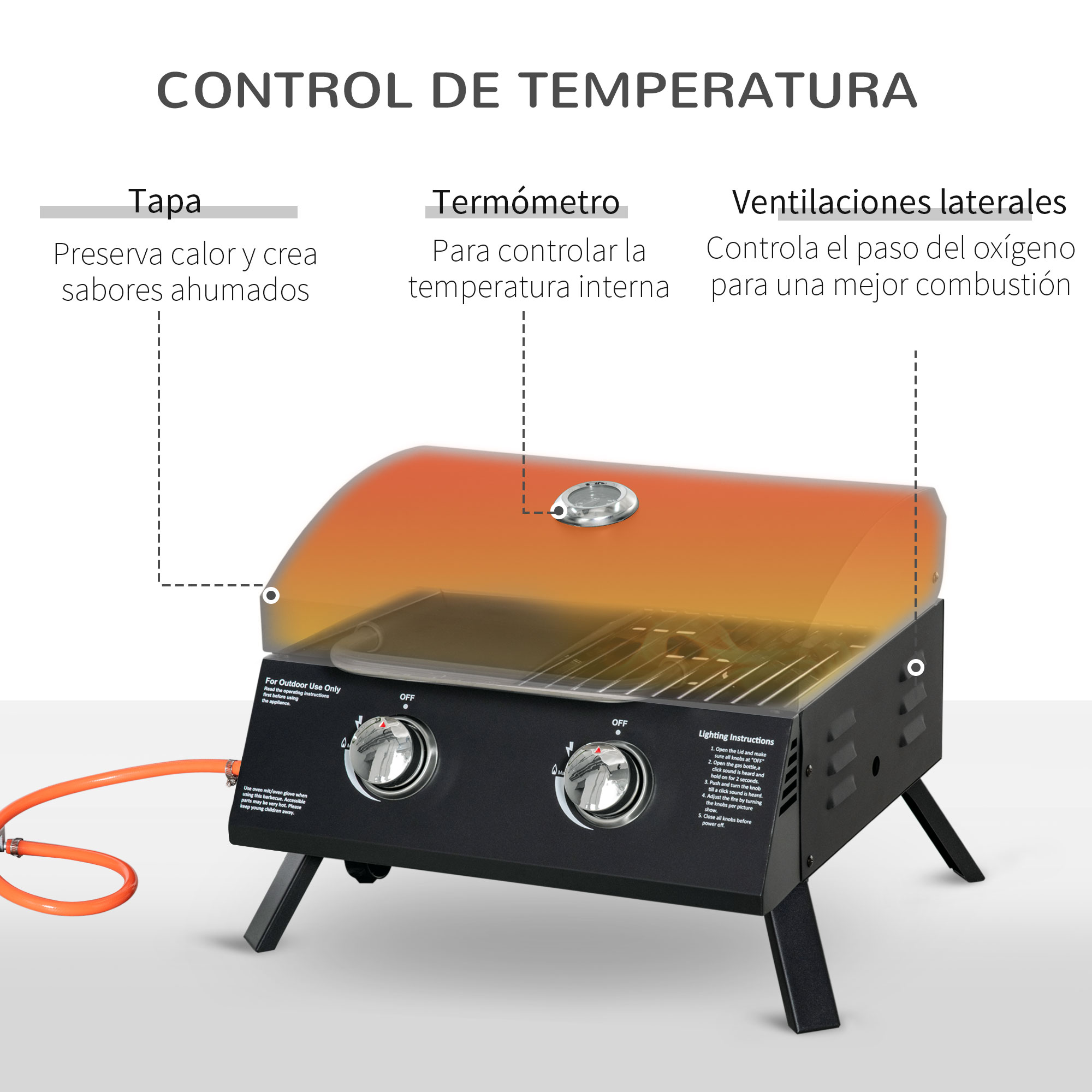 Un asador de gas negro con tapa naranja y control de temperatura.