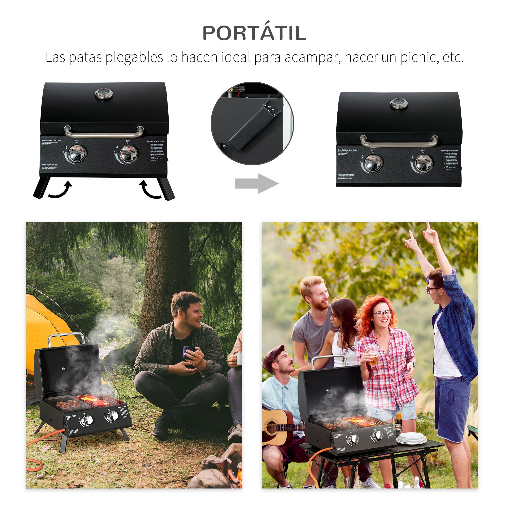 Una parrilla portátil con patas plegables mostrada en uso al aire libre.