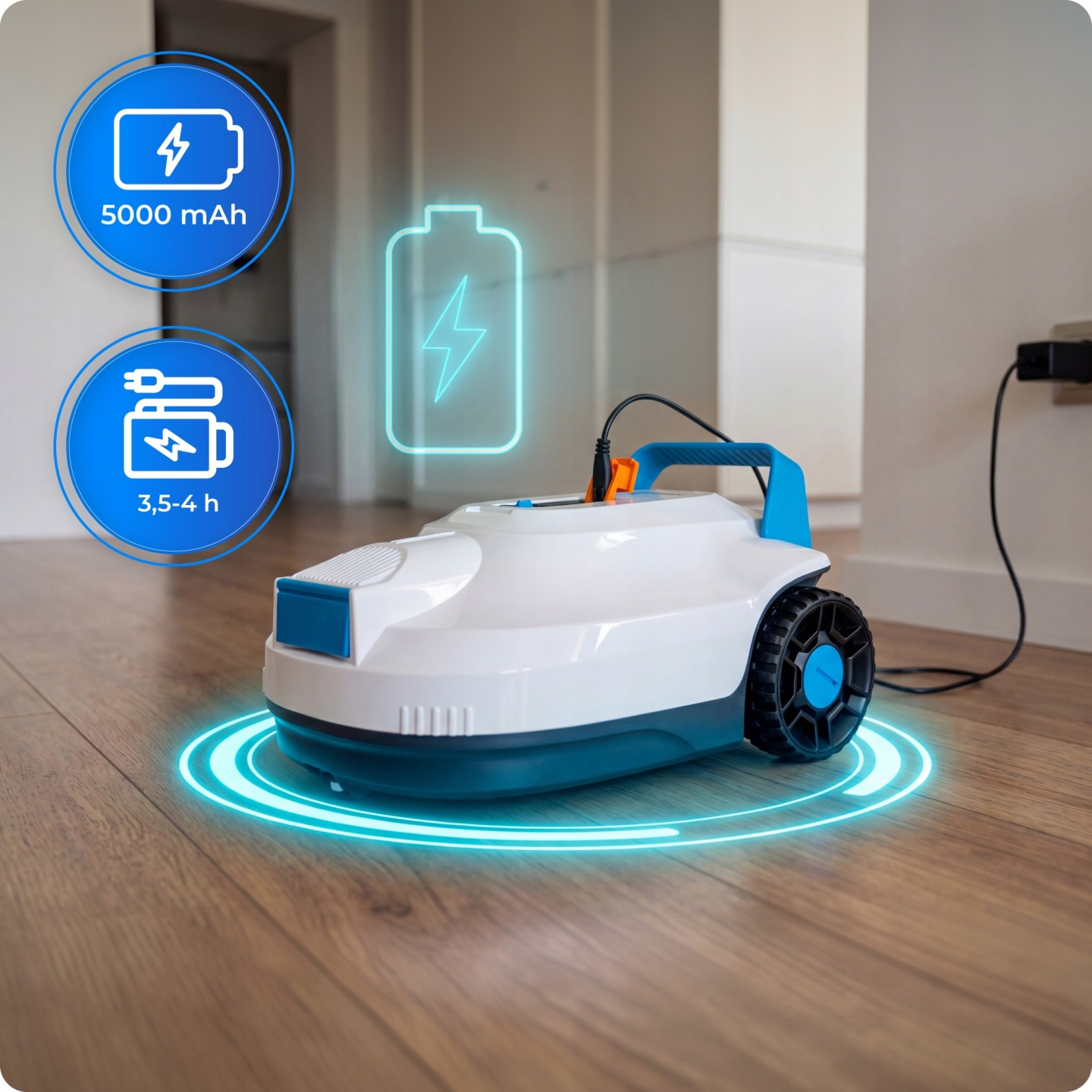 Biały robot sprzątający na drewnianej podłodze, ładuje się niebieskim światłem.