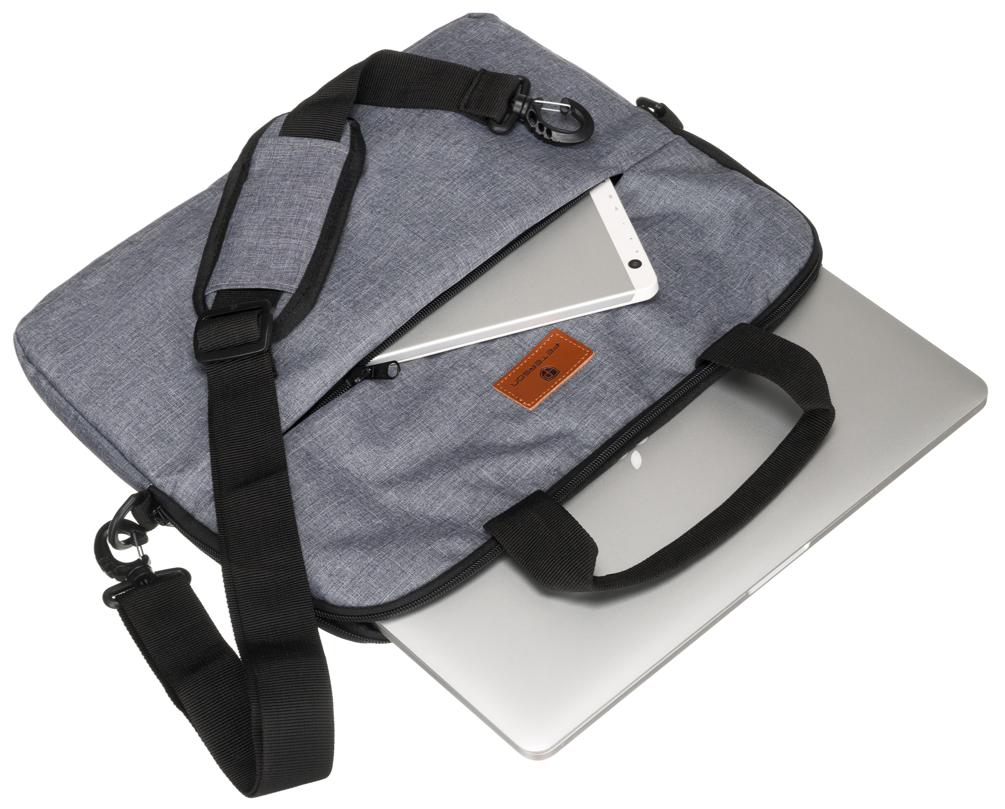 Szara torba na laptopa z laptopem i tabletem, czarnym paskiem i uchwytami.