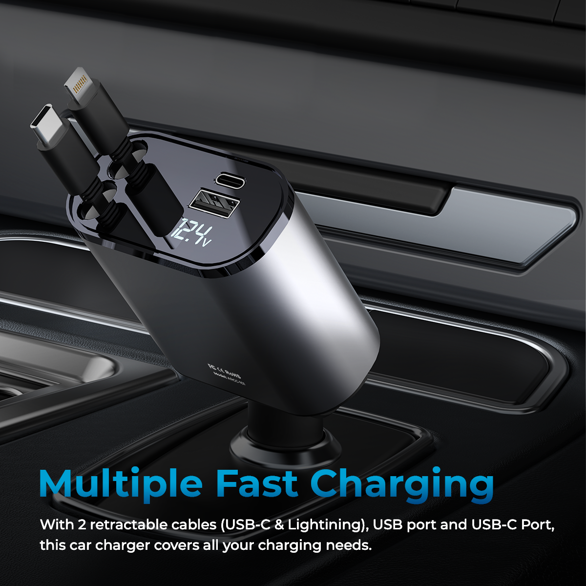 Ein Auto-Ladegerät mit ausziehbaren Kabeln und USB-Ports in einem dunklen Auto.
