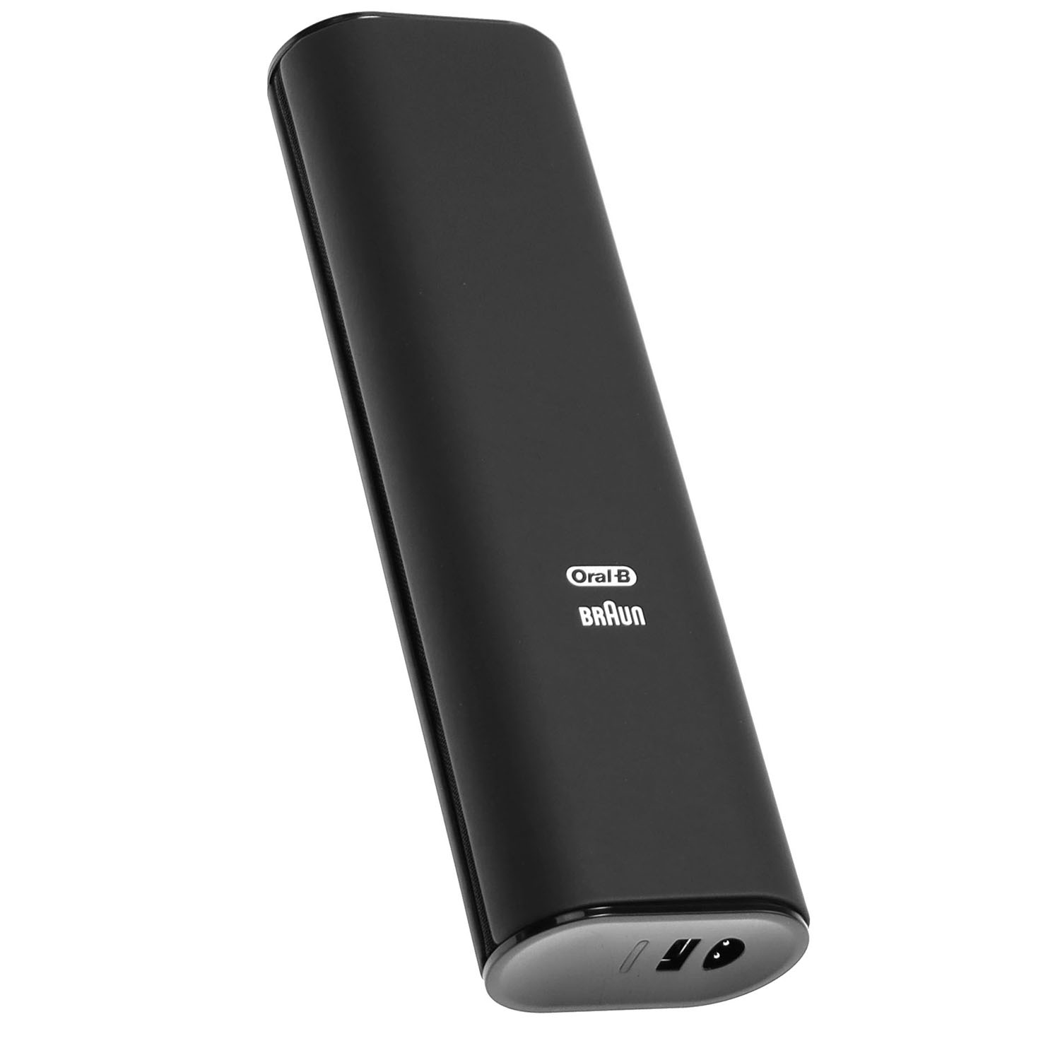 Schwarzes Oral-B Braun Ladegerät mit zwei Anschlüssen unten.
