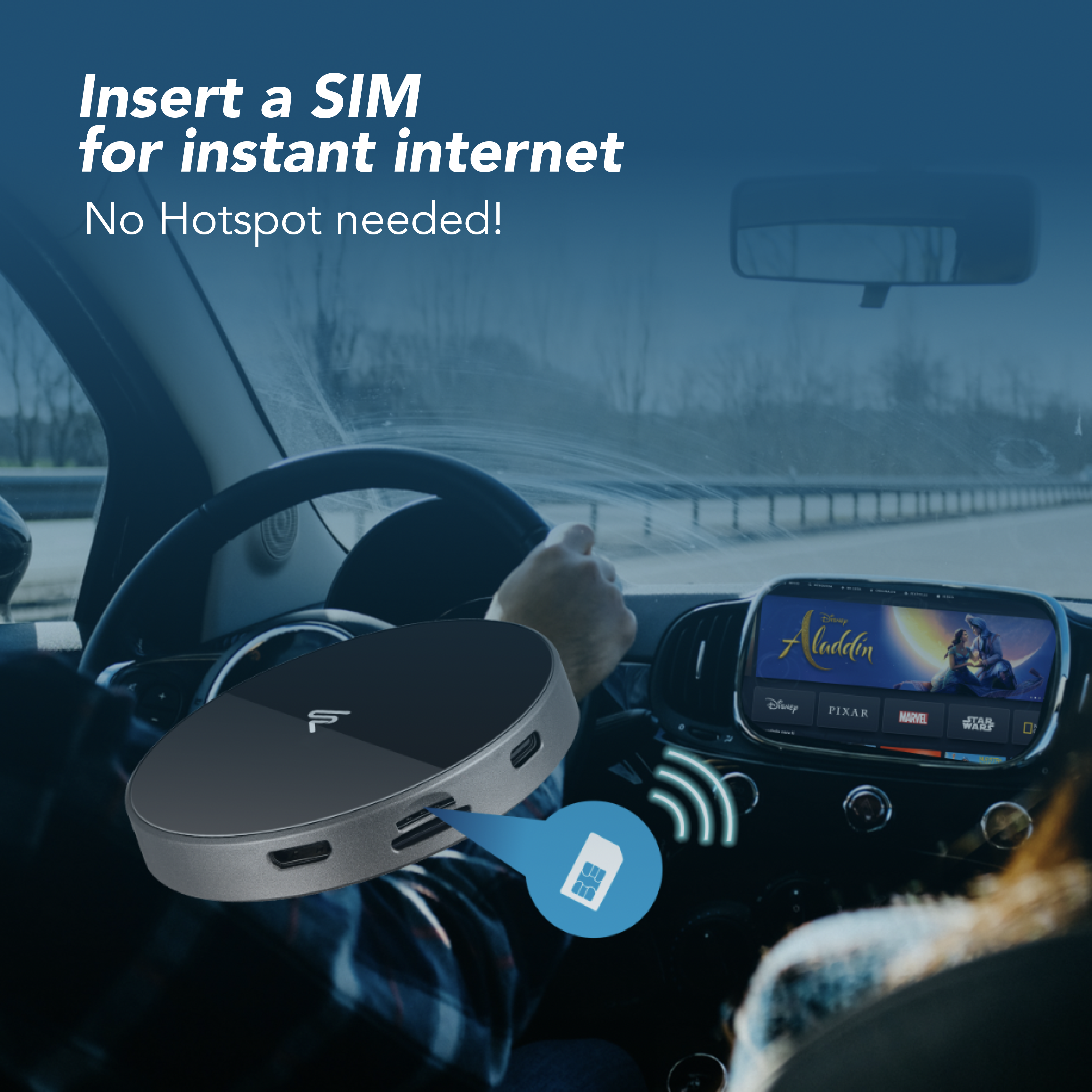 Ein Gerät im Auto, das eine SIM-Karte zum Internet benötigt. Eine Person fährt.