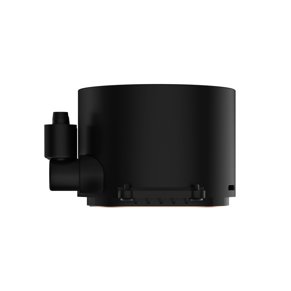 Czarny cylindryczny pojemnik z bocznym przyłączem i śrubami.