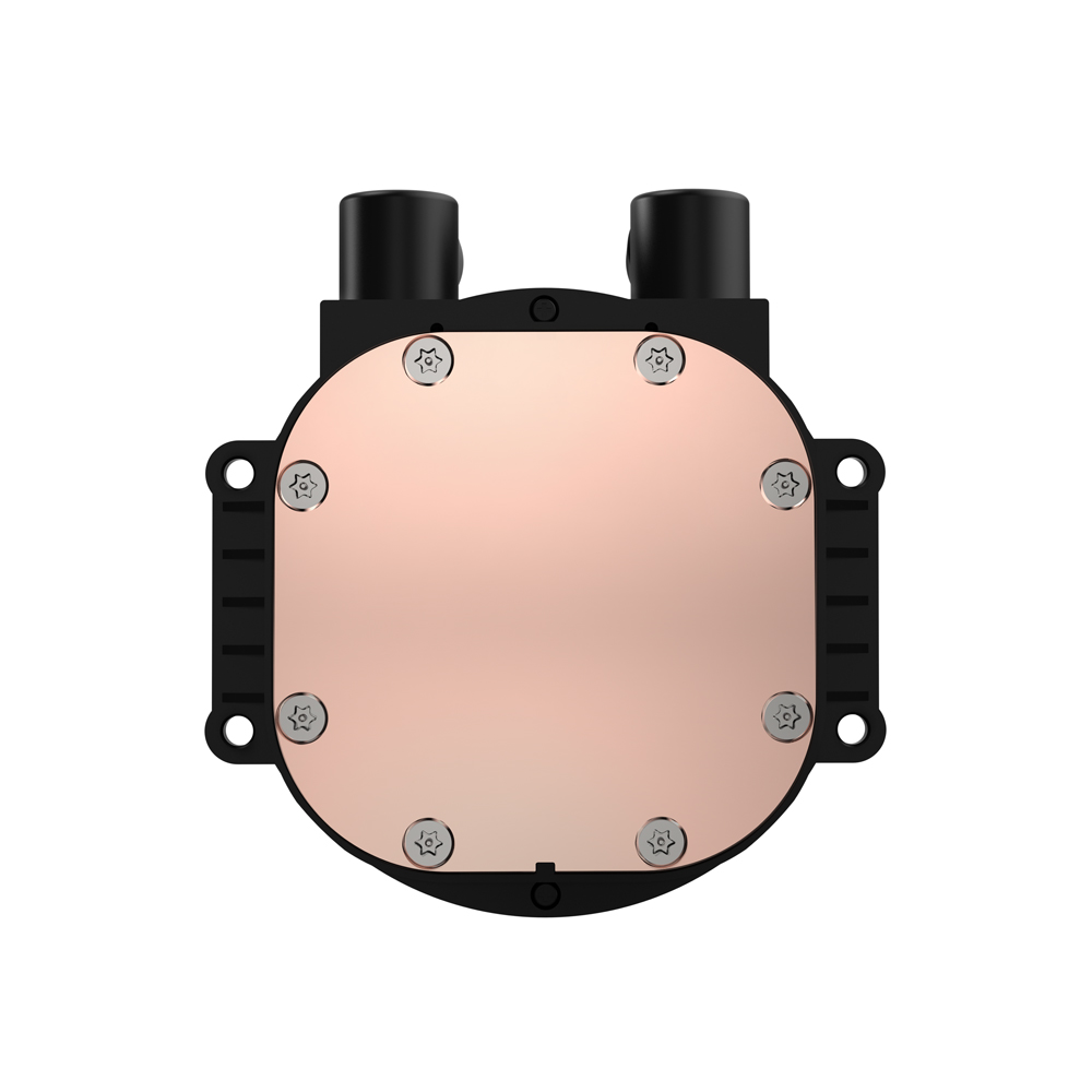 Czarna chłodnica z miedzianą płytą i dwoma czarnymi złączami.