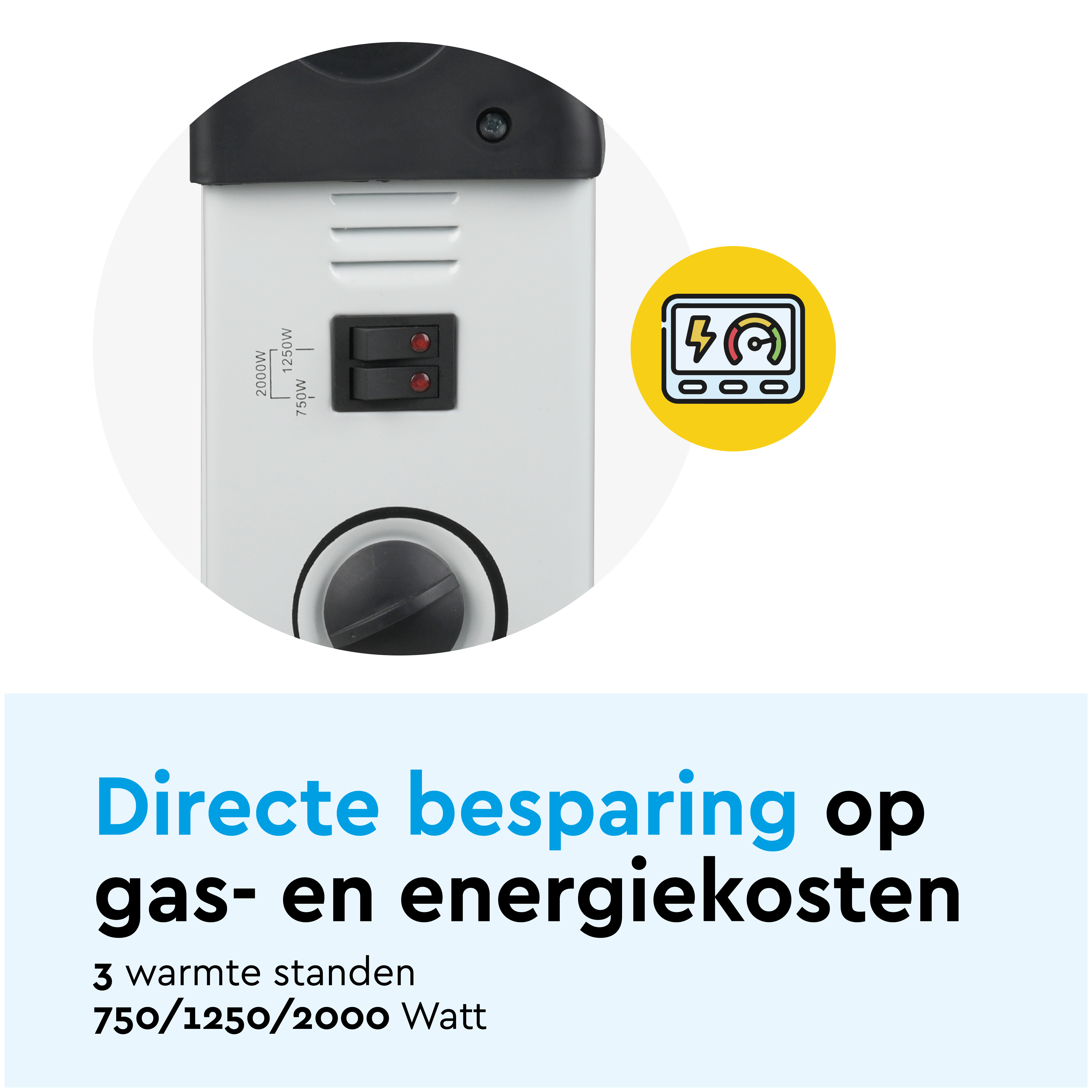 A white heater with control buttons and wattage indicators.